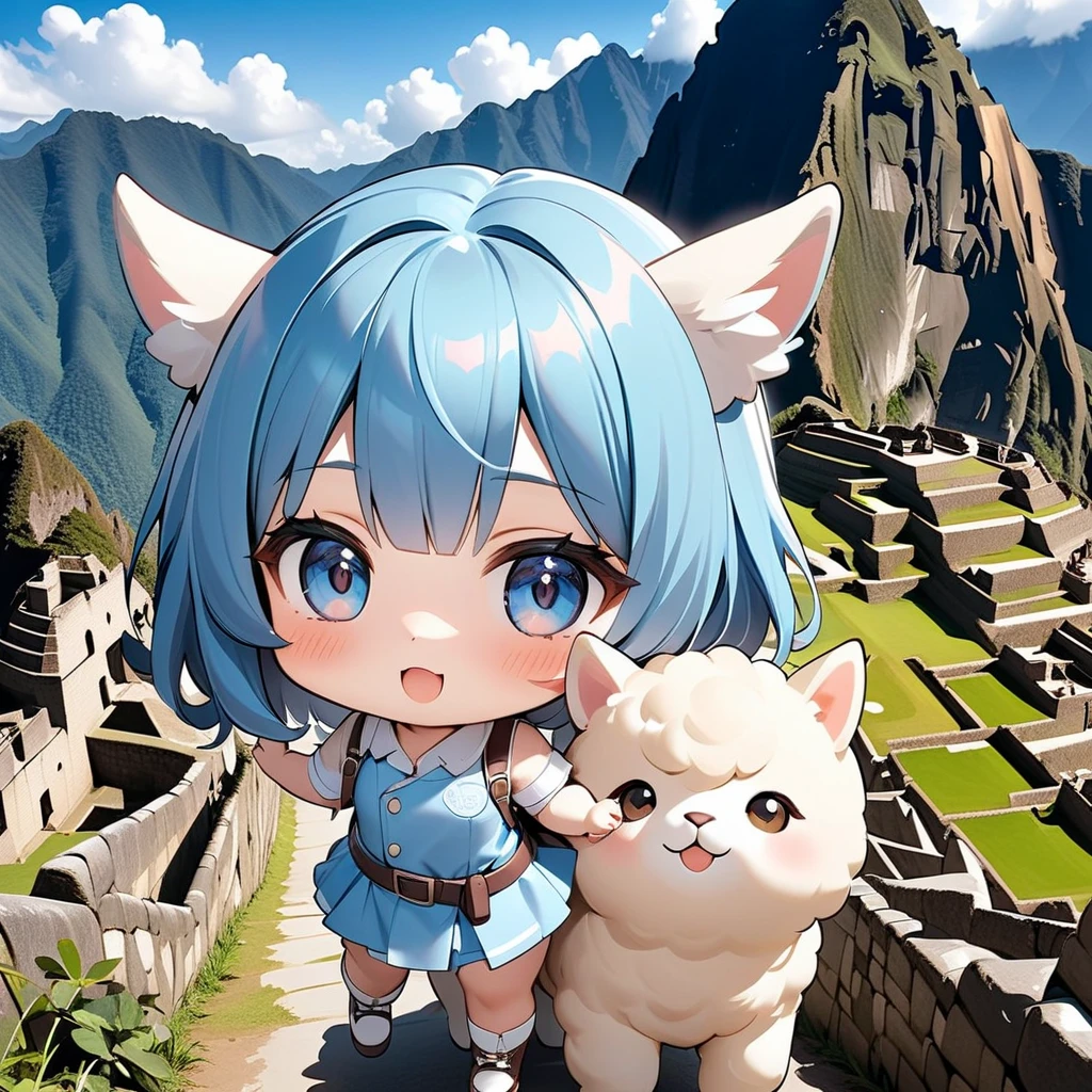  top quality, masterpiece,   Kyrie Lightmash   ,( The girl rides on the back of an alpaca　 strolling through the fantastic Machu Picchu） , (Chibi: 0.6),  Bright blue hair ,  cute, 