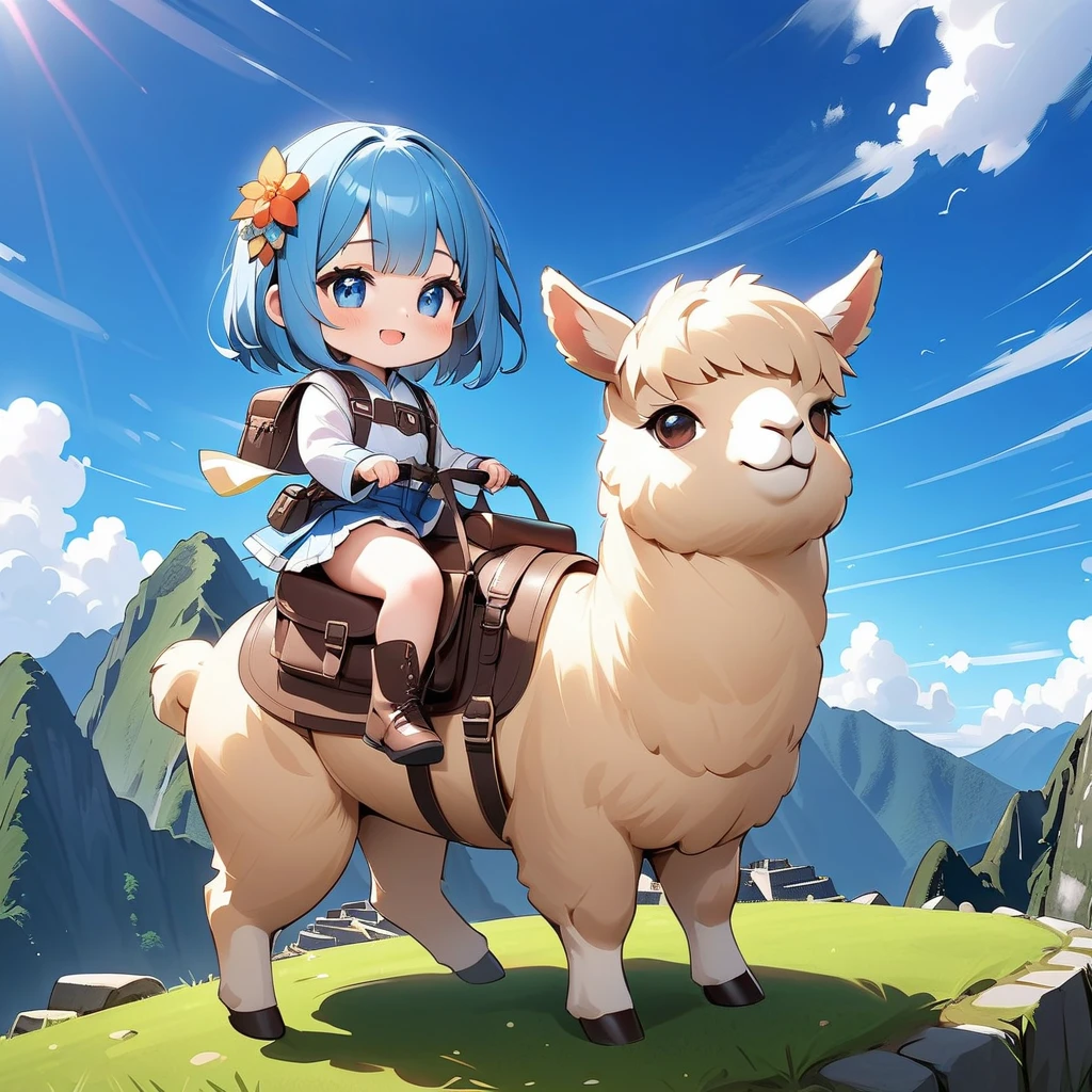  top quality, masterpiece,   Kyrie Lightmash   ,( The girl rides on the back of an alpaca　 strolling through the fantastic Machu Picchu） , (Chibi: 0.6),  Bright blue hair ,  cute, 