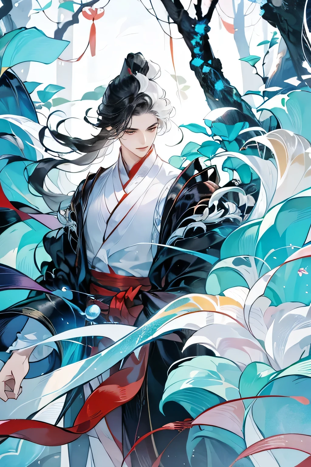 1boys，long black hair，Pale teenager，Dark clothes，（（（Rose blanche））），white  shirt，The screen contrast is low，High brightness，Long white hair，Rose flower，bloods，Light blue leaves，softlighting，misterious ambience，Chinese landscape, En plein air, Flowers and trees, waterfallr,butterflys， Portrait, color difference, Depth of field, dramatic shadow, Ray tracing, Best quality, Cinematic lighting, Extremely detailed CG, 8K wallpaper,，