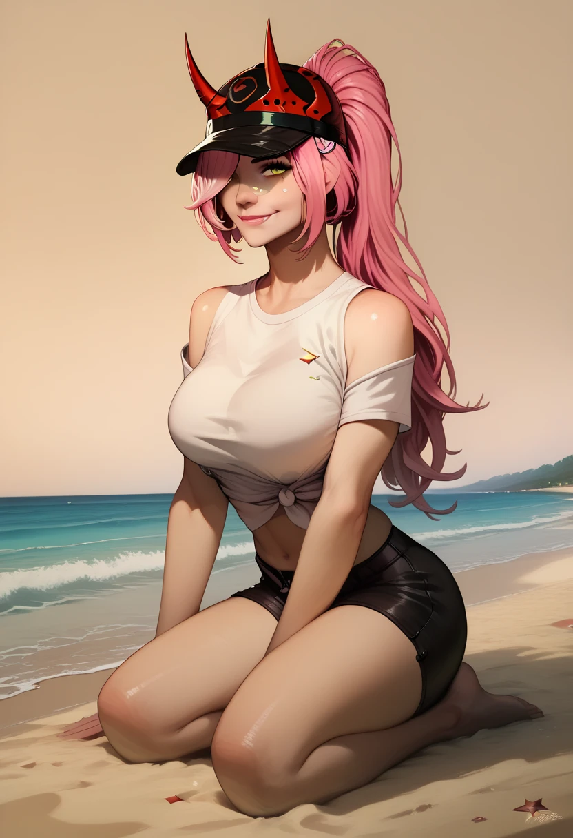 rappa_hsr, pink hair, ponytail, long hair, green eyes, hat, baseball cap, fake horns, perfecteyes, detailed face, hourglass body, ponytail, yellow eyes, smile, , bangs, breasts, simple background, fang, bare shoulders, scar, bare shoulders, closed mouth, hair over one eye, portrait, hair over shoulder, legs, seductive, black shorts, white t-shirt, beach, beach, realistic, highly detailed face, detailed eyes, best quality, masterpiece, ultra detail, ultra high res, extreme detail, 8k, uhd, voluptuous, curvy, thick thighs, frontal, full body