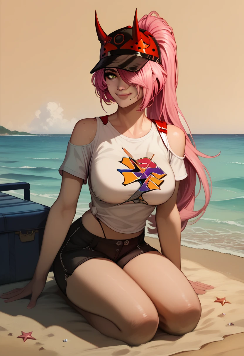 rappa_hsr, pink hair, ponytail, long hair, green eyes, hat, baseball cap, fake horns, perfecteyes, detailed face, hourglass body, ponytail, yellow eyes, smile, , bangs, breasts, simple background, fang, bare shoulders, scar, bare shoulders, closed mouth, hair over one eye, portrait, hair over shoulder, legs, seductive, black shorts, white t-shirt, beach, beach, realistic, highly detailed face, detailed eyes, best quality, masterpiece, ultra detail, ultra high res, extreme detail, 8k, uhd, voluptuous, curvy, thick thighs, frontal, full body