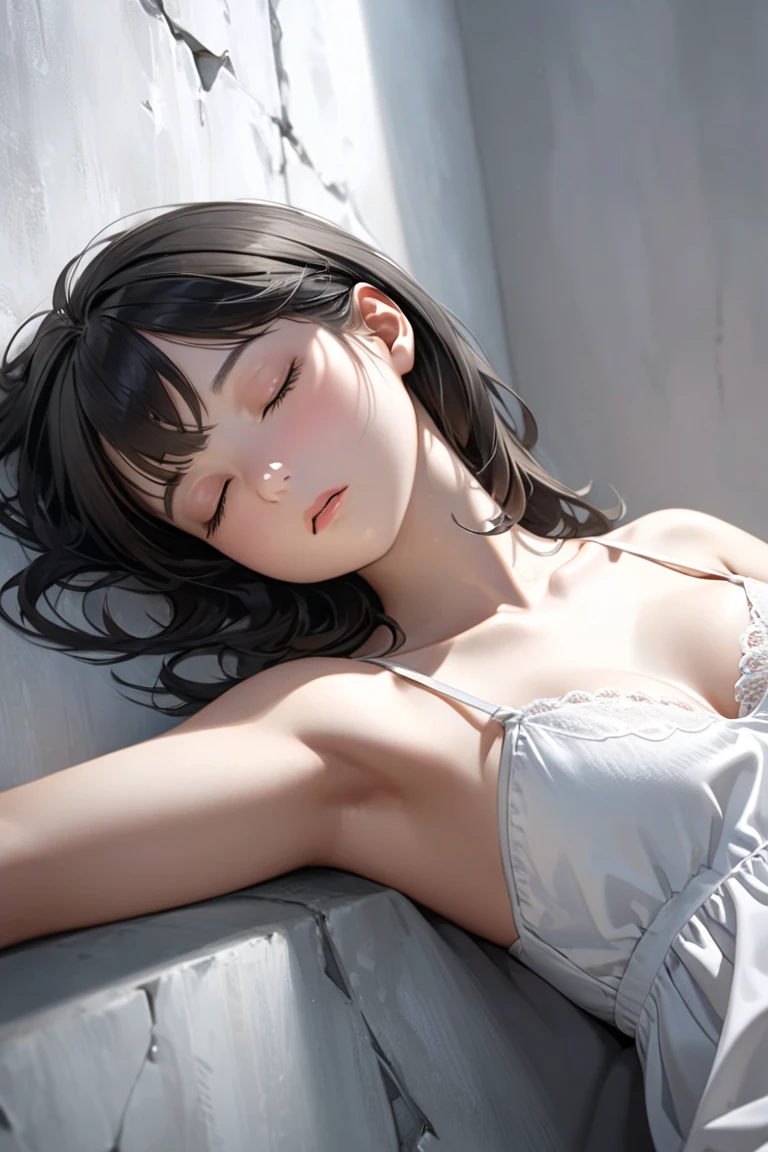 Ultra-realism

Woman sleeping
sit flat on her back aginst wall
Mouth open
Black hair
white bra
small basted
slender body
close legs
fronview