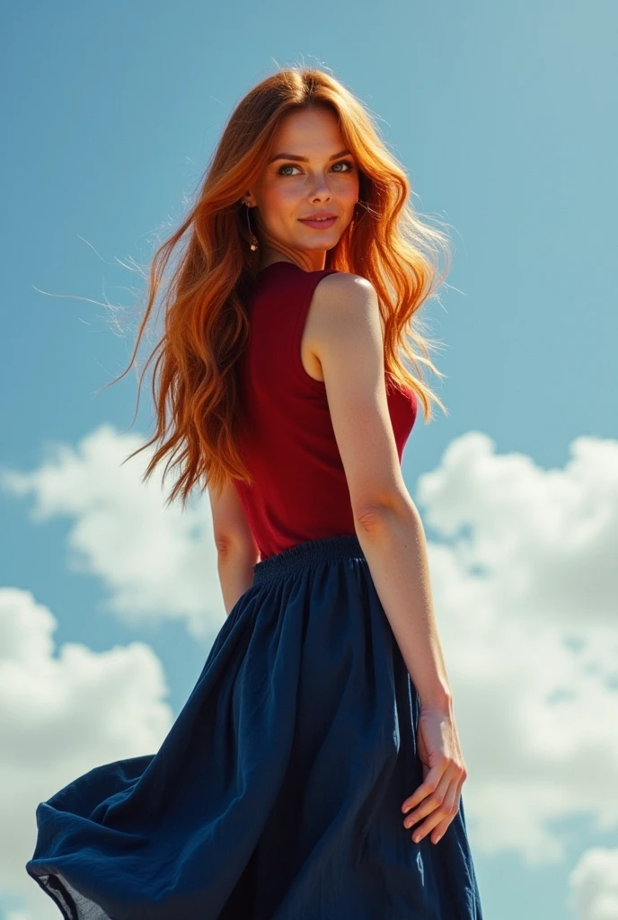 A breathtakingly beautiful woman standing gracefully, her long red hair cascading down her back. She wears a simple yet elegant navy blue skirt that flows gently with the breeze. Her top is a fitted red garment that highlights her figure, complementing her radiant blue eyes. Her skin is smooth and glowing under the sunlight, exuding an aura of natural charm and extraordinary beauty. She stands against a vast open sky with soft clouds, adding to the serene and captivating atmosphere.