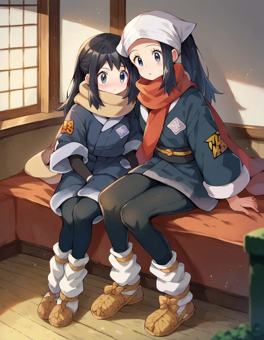  Pokémon Akari ,  Pokémon Akari ,  black hair,  Grey Eyes ,  long hair,  ponytail,  side lock,
 black pantyhose at a winter cafe,  black undershirt, Brown footwear,  scarf,  jacket, loose socks , dあか scarf, band,  scarf