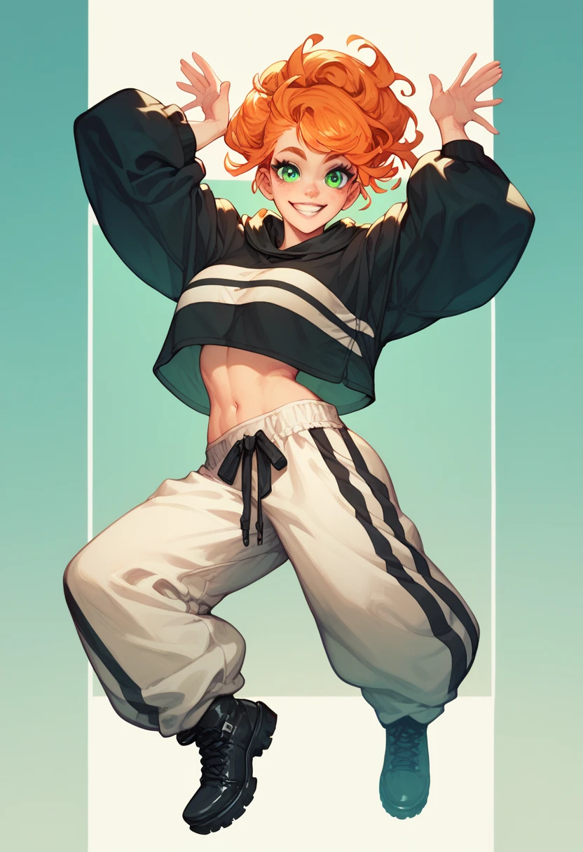  Girl with long orange hair ,  green eyes. top gris, loose pants and black .  Black boots and raising their arms with a smile