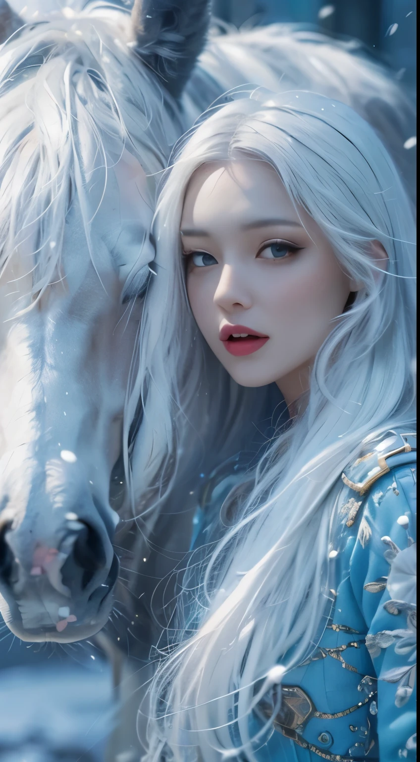 beautiful, young woman, in the crystal and ice area, fluttering snow, horse riding, a white hourse, gradient hair, white hair, blue hair, long hair, eye reflection, disdain, ray tracing, reflection light, blurry, glowing light, depth of field, chiaroscuro, stereogram, zoom layer, cowboy shot, f/2.8, bokeh, masterpiece, best quality, high quality, HD