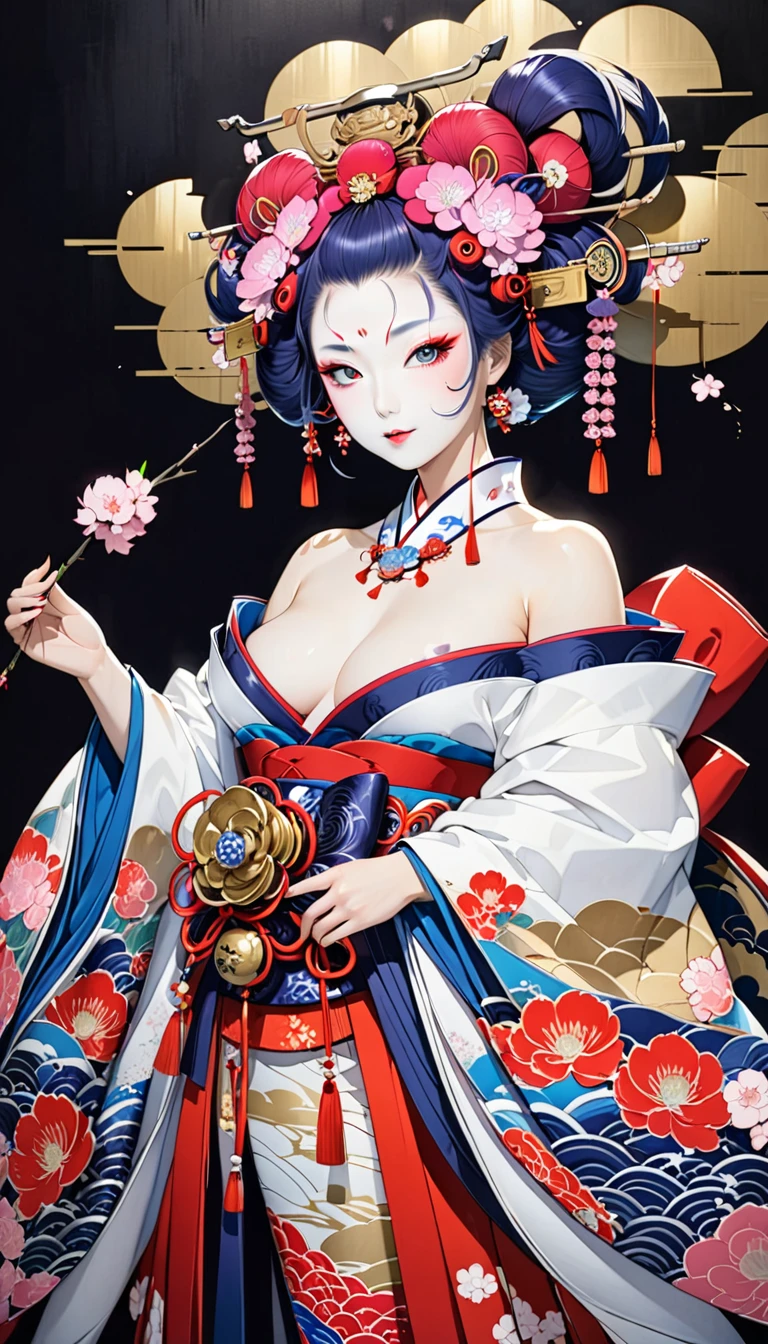 Japanese technique that combines Ukiyo-e and watercolor painting, cool beauty oiran, vivid and seductive expression, cortesy, elegance, dignity, superlative great body proportion, wearing gorgeous courtesan costume, professional and perfect composition, extremely delicate depiction, extremely clear image, effective effects, bold and dynamic, contrasts of light and shadow, 2.5D, artistic photography, hyper realistic, ultra detailed, absolutely resolution, masterpiece