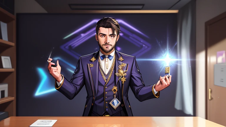 The name"CREATIVE MIND"with dark letters,a purple dark blue id card, lightning effect behind, the id card, handsome realistic character,photo,in the id card, little golden sniper on his hand, standing on top office table,dark red, 4d render 8k.blur,intricate, futuristic precious metals, by Lojze Logar, opart, made of polished broze, award-winning render, by Vladimír Vašíček, golden and silver jewerly, beautiful hyperdetailed, inspired by National identity card,