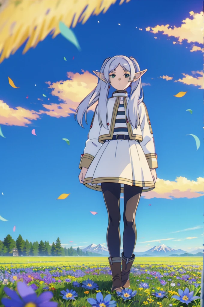 masterpiece,   illustrations,  top quality , 8k,   1 girl, Alone, Frielen,   long hair,   Twin Tails  , (  green eyes:1.2),  Grey Hair,   stars , Elf Frielen ,1 Elf Girl,Alone,whole body， anatomically correct，wind
ケープレット, jacket, striped shirt,Flower Field，Blue Flower， Flying Petals ，青いFlower Field，一面のBlue Flower， bright ，evening，
belt, skirt,Texture，shadow，
 pantyhose,
 boots,wind，God Who Wants ，
Flower Field,sunset,Mountain,lake,null, medium breasts,   sportswear  ,   sports top  ,   shorts, (one-legged tights  ),,  大きな jacket , Thighs,  ((close-up)),  