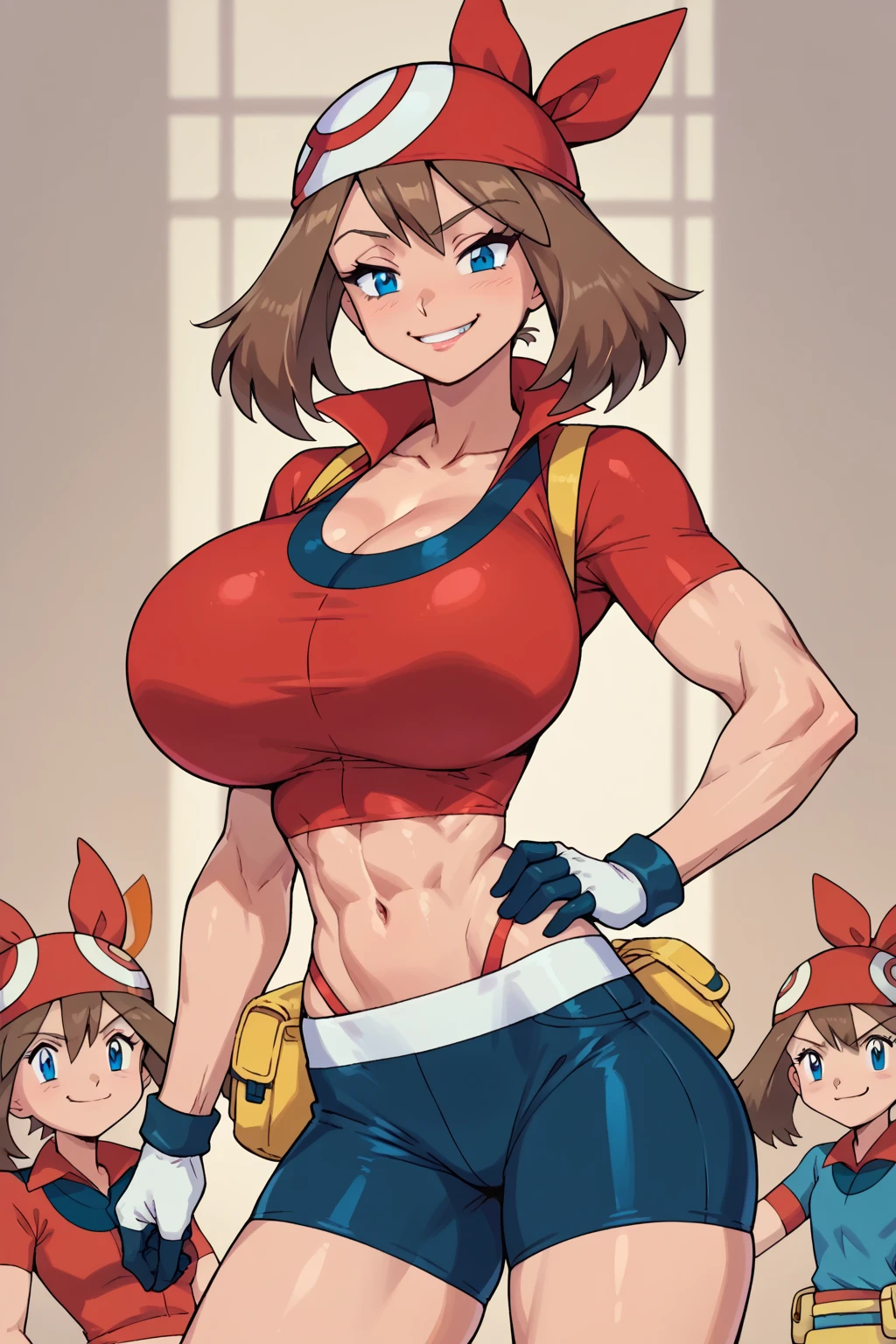 score_9, score_8_up, score_7_up, score_6_up, BREAK, pokemonmay, blue eyes, brown hair, short hair, red bandana, red shirt, short sleeves, gloves, black shorts, torso, smug smile, gigantic bust, toned, strong, bimbo body, 