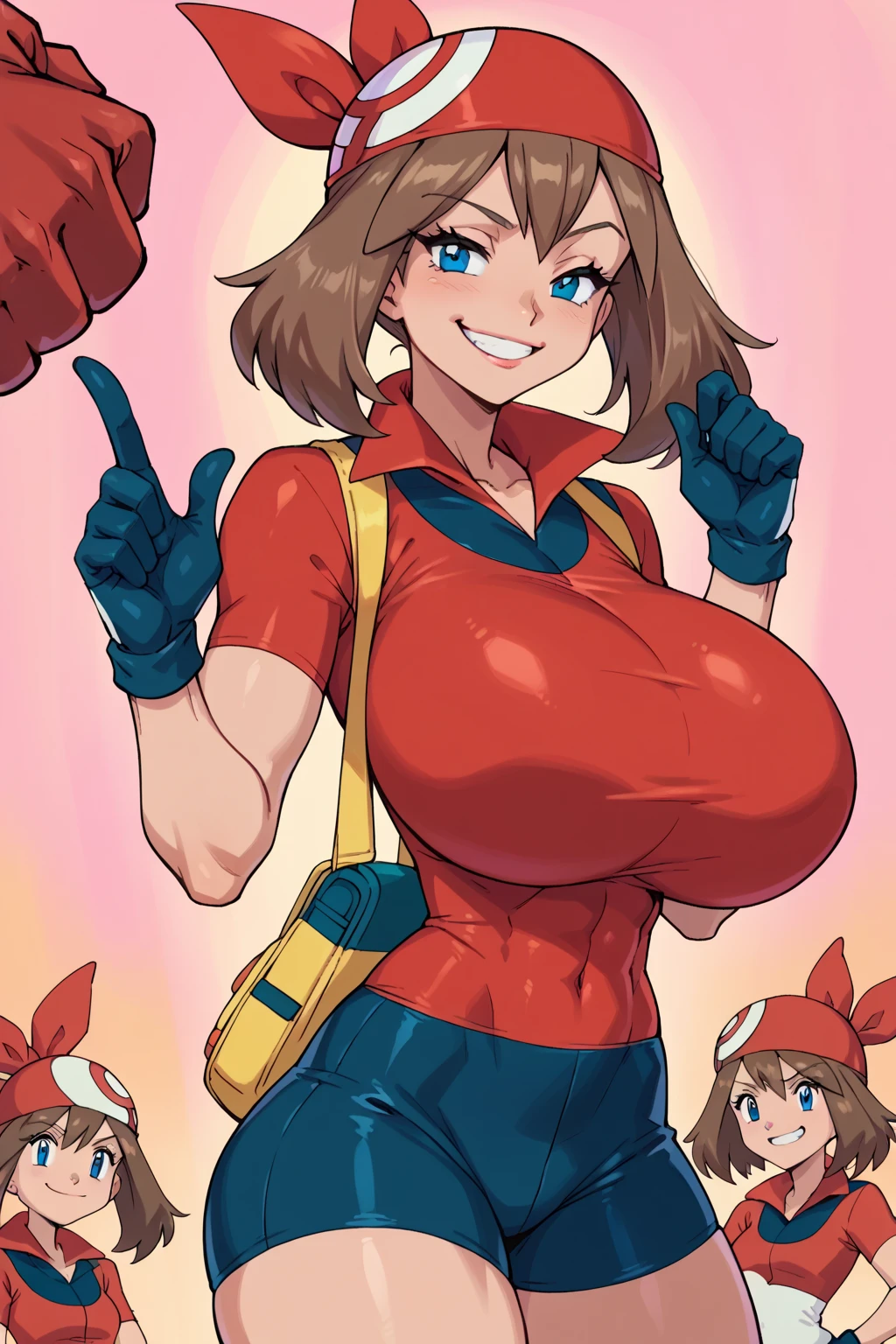 score_9, score_8_up, score_7_up, score_6_up, BREAK, pokemonmay, blue eyes, brown hair, short hair, red bandana, red shirt, short sleeves, gloves, black shorts, torso, smug smile, gigantic bust, toned, strong, bimbo body, 