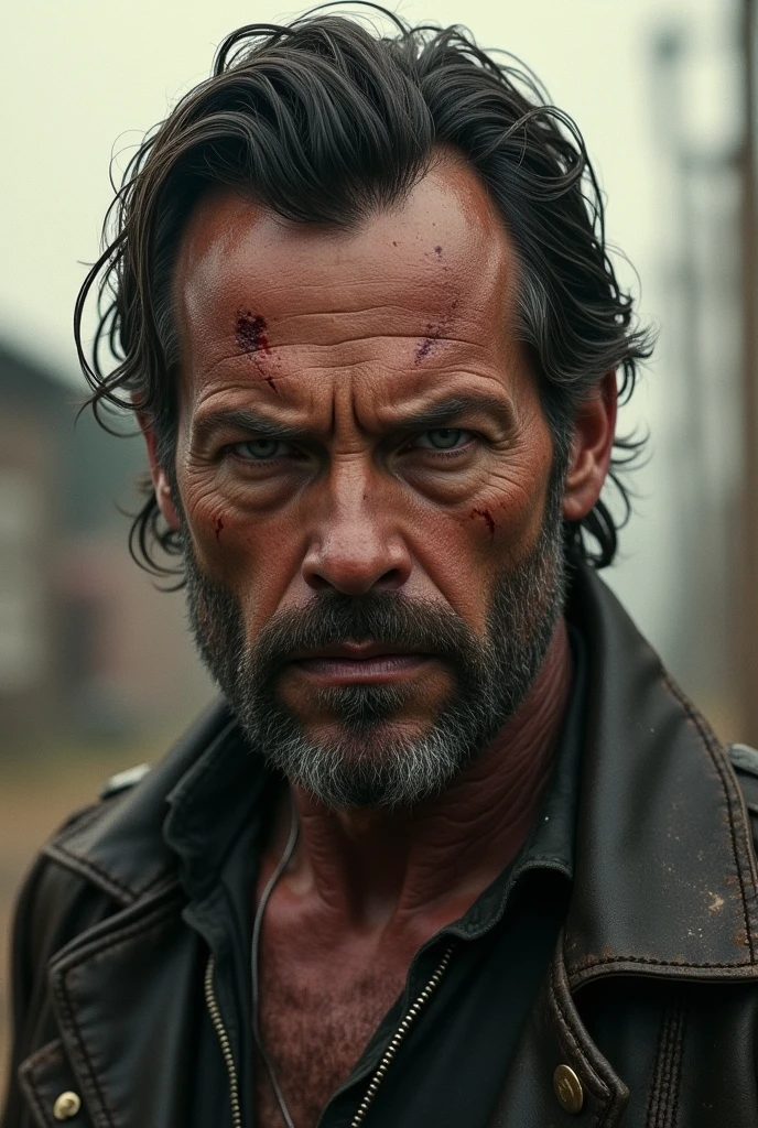 closeup shot portrait of hugh jackman with a long beard in an abandoned city covered in bleeding cuts, dslr, downtown, abandoned brutalist buildings overgrown in the background, post-apocalyptic, fire damage, archer, survivalist, war photography, highly detailed, film, fujifilm, cinematic lighting  <lora:hughjackman:0.8>