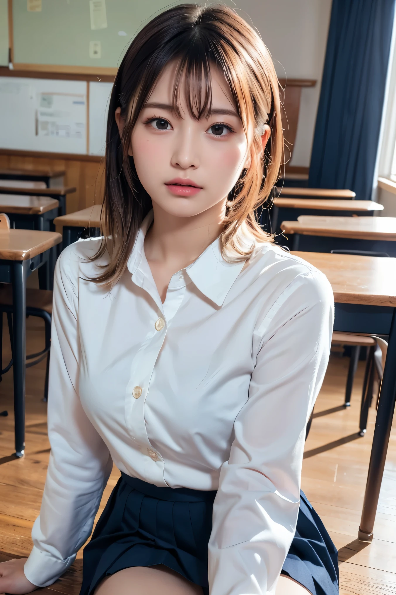 (reality: 1.4),highest quality, masterpiece, high detail, 16K quality, beautiful, 1 beautiful girl,japanese,super beautiful face,baby face,japanese idol face,cute face,super detailed face,detailed hand,beautiful skin,oily skin,big eyes,profeccional lighting,medium hair,black hair,brown beautiful eyes, smile,medium breasts, white shirt,open button,(checked skirt),white panties,(showing panties),black high socks,Sitting with Knees Up on desk,spread legs, she is looking at the camera,classroom, nsfw,from front,