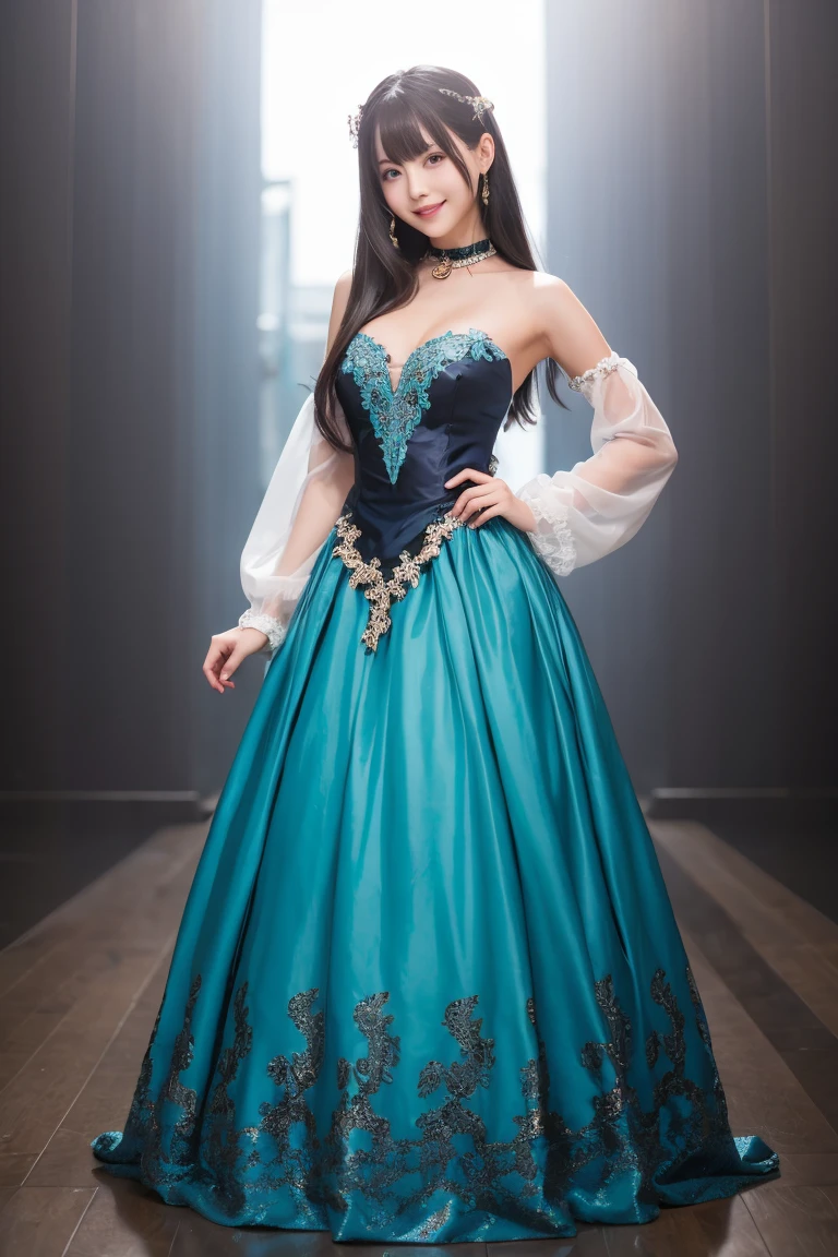  wearing a blue dress with a long skirt,   Japanese idol 、Full dress,  fantasy dress,  Elegant and Attractive Cosplay , Japanese model wearing fantasy style formal attire ,  black shimecut hairstyle,  looking at camera、Detailed and beautiful eyes、 cute smile、 soft and gentle expression 、The background is a deep forest