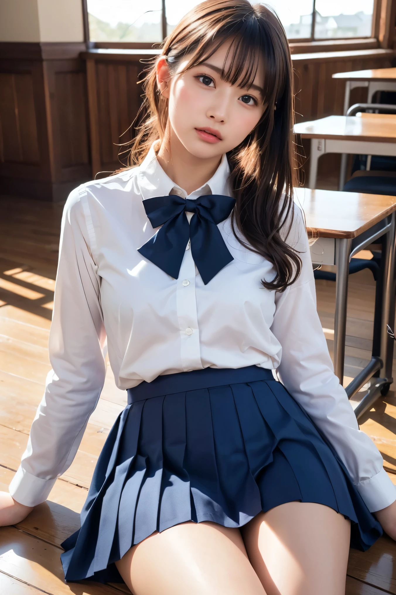 beautiful detailed eyes, beautiful detailed lips, extremely detailed face and hair, High ponytail, long eyelashes, soft light, warm lighting, perfect face, porcelain skin, golden hour lighting, (best quality,4k,8k,highres,masterpiece:1.2),ultra-detailed,(realistic,photorealistic,photo-realistic:1.37),classroom, wooden floor,( lying, on back:1.3),arms up, kneehighs, high school girl, (Navy blue Pleated Skirt), White Dress Shirt, Long sleeve, Bow Ribbon, (embarrassed,blush:1.3),cowboy shot,blonde hair