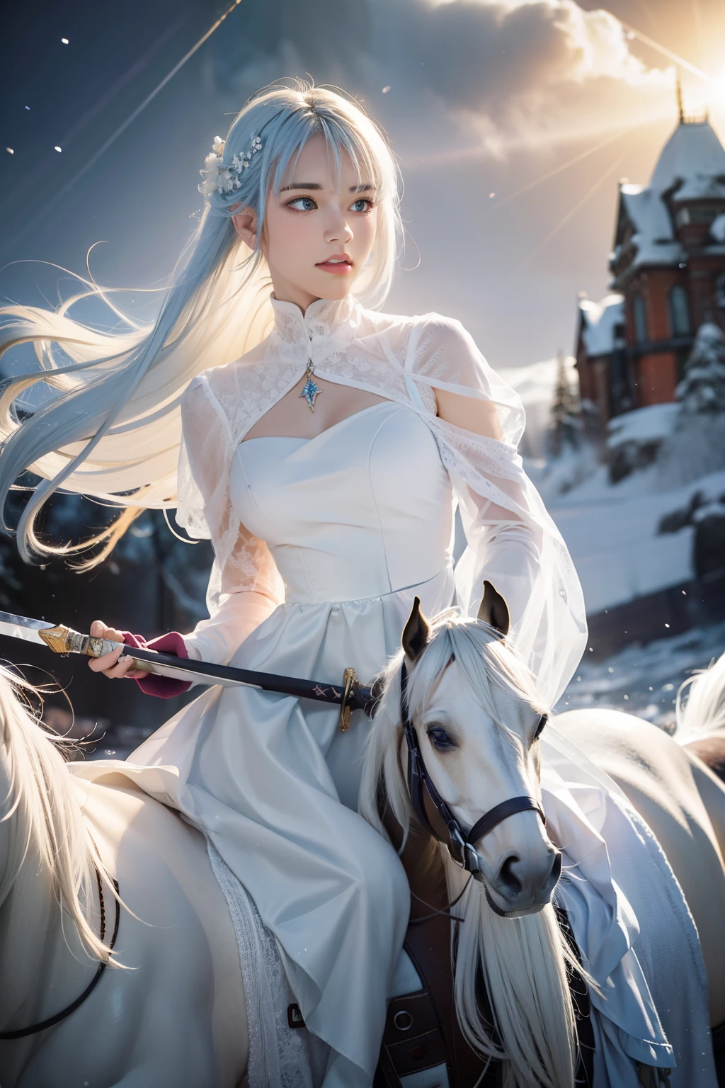 beautiful, young woman, in the crystal and ice area, fluttering snow, horse riding, a white hourse, bring one sword (weapon),  gradient hair, white hair, blue hair, long hair, eye reflection, disdain, ray tracing, reflection light, blurry, glowing light, depth of field, chiaroscuro, stereogram, zoom layer, cowboy shot, f/2.8, bokeh, masterpiece, best quality, high quality, HD