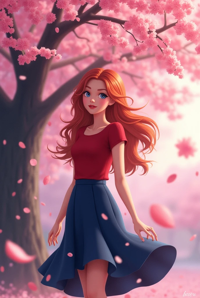 A breathtakingly beautiful woman standing gracefully under a grand cherry blossom tree, its pink petals gently falling around her. Her long red hair cascades down her back, complementing her radiant blue eyes. She wears a simple yet elegant navy blue skirt that flows gently with the breeze and a fitted red top that highlights her figure. The soft pink blossoms and dappled sunlight filtering through the branches create a serene and captivating atmosphere, perfectly framing her extraordinary beauty