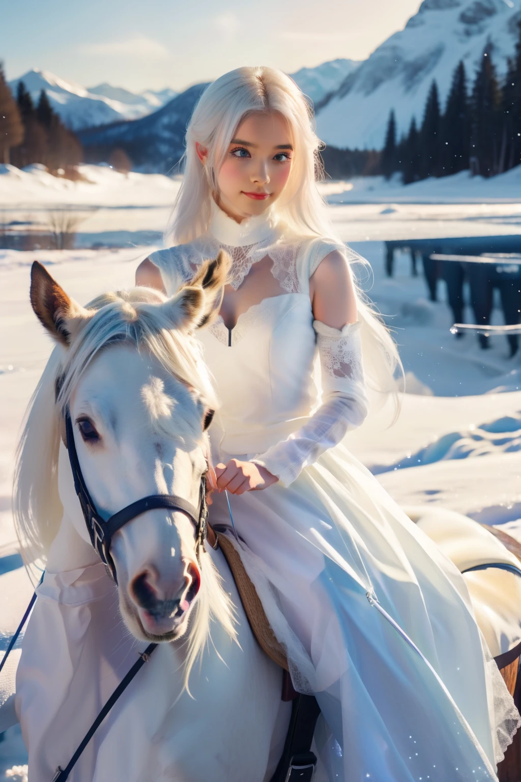 beautiful, young woman, in the crystal and ice area, fluttering snow, horse riding, a white hourse, bring one sword (weapon),  gradient hair, white hair, blue hair, long hair, eye reflection, disdain, ray tracing, reflection light, blurry, glowing light, depth of field, chiaroscuro, stereogram, zoom layer, cowboy shot, f/2.8, bokeh, masterpiece, best quality, high quality, HD