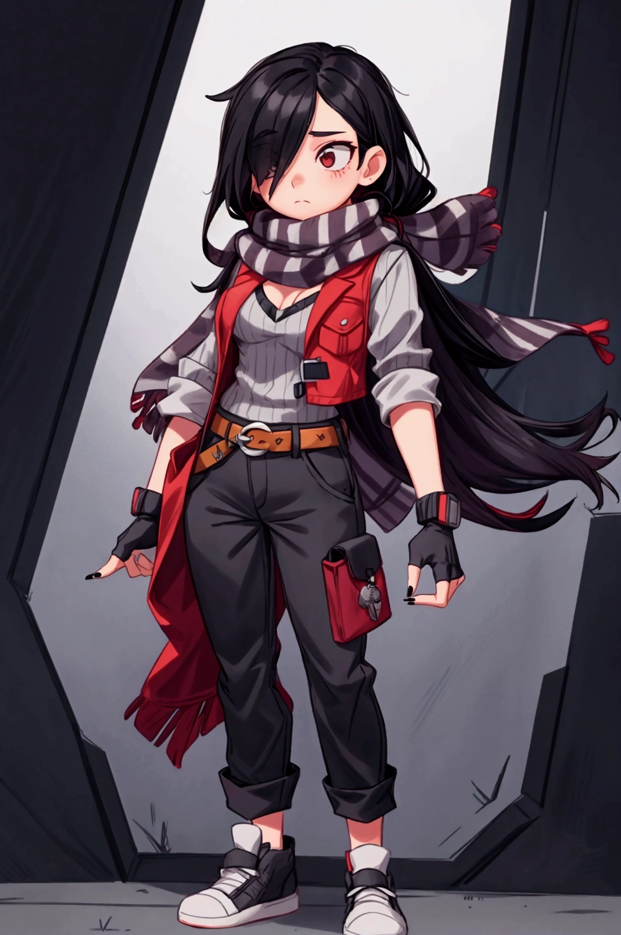 Girl, focus, black hair, long hair, hair over one eye, black nails, striped scarf, scarf over mouth, gray shirt, red vest, fingerless gloves, belt, black pants, shoes, pronounced big breast, smile, indoor

