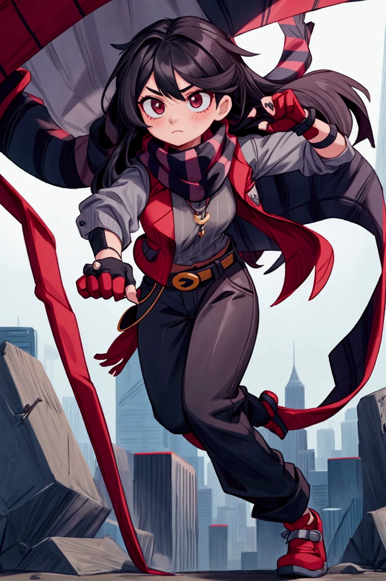 Girl, focus, black hair, long hair, hair over one eye, black nails, striped scarf, scarf over mouth, gray shirt, red vest, fingerless gloves, belt, black pants, shoes, pronounced big breast, smile, indoor

