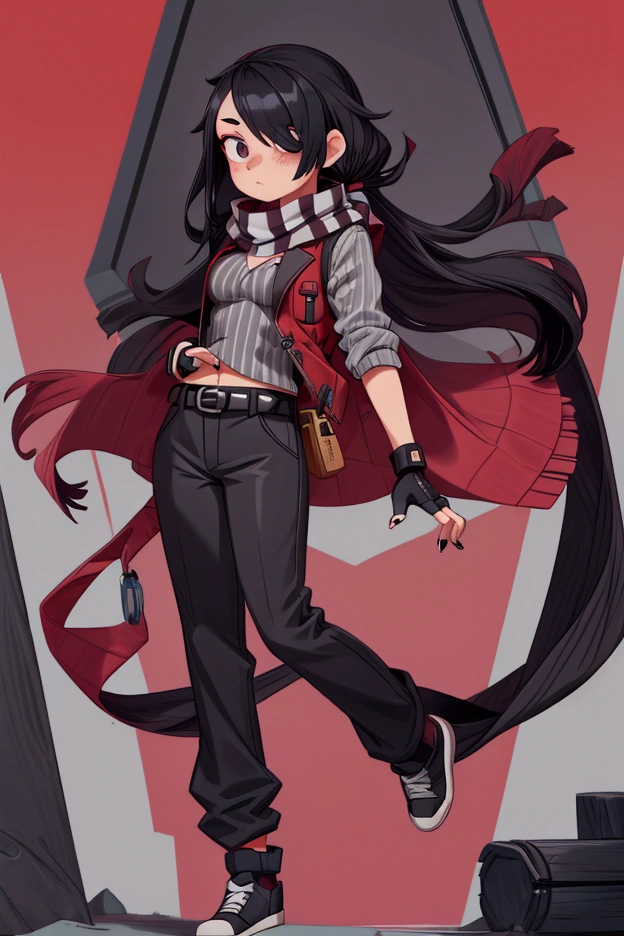 Girl, focus, black hair, long hair, hair over one eye, black nails, striped scarf, scarf over mouth, gray shirt, red vest, fingerless gloves, belt, black pants, shoes, pronounced big breast, smile, indoor

