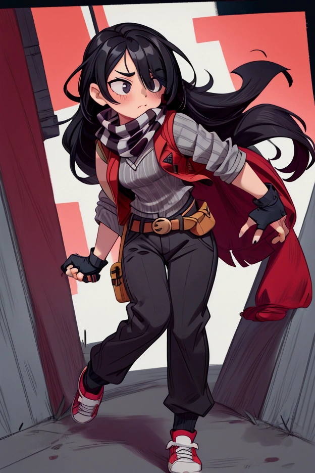 Girl, focus, black hair, long hair, hair over one eye, black nails, striped scarf, scarf over mouth, gray shirt, red vest, fingerless gloves, belt, black pants, shoes, pronounced big breast, smile, indoor

