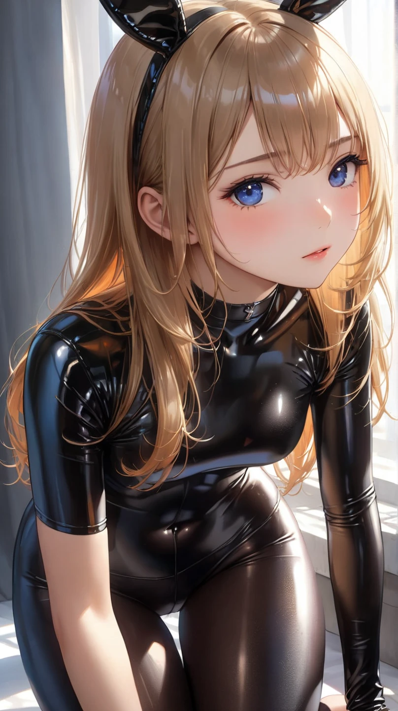 (masterpiece:1.5), (best quality:1.5), (ultra-detailed), high-resolution, beautiful face, soft expression, glossy hair, delicate features, (slender, curvy, fit body:1.3), well-proportioned, shiny black bunny suit, black leather bunny ears, black pantyhose, black choker, white bunny tail, (soft natural lighting:1.3), (realistic skin texture:1.3), smooth shading, (sharp focus), (vibrant colors:1.2), sitting pose, looking at viewer
