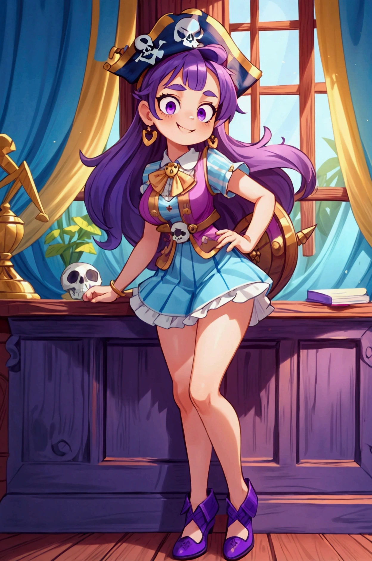 ( masterpiece ,  The best quality) Standing, interior,  intricate details , Sunlight,  dress with sky blue and white striped ruffles short collar,  pirate vest , pirate style, skull emblem ,  cute pirate hat, gold earrings, shoes blue , violet long hair,  purple eyes, smile, bad girl,  slightly raised eyebrows , pose sexy, coquette, lovely legs,  mature teenager's body, beautiful, , pronounced big breasts, smile.