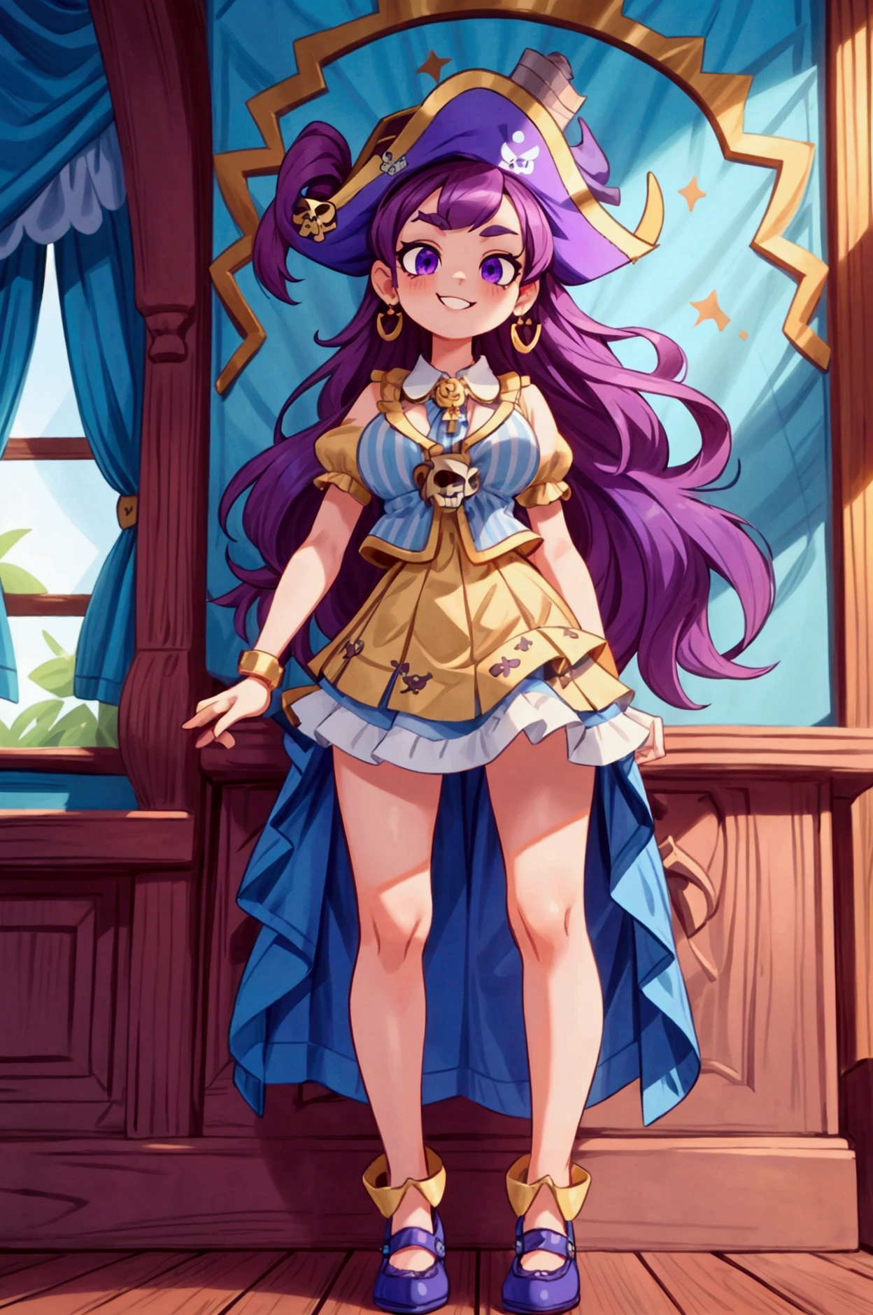 ( masterpiece ,  The best quality) Standing, interior,  intricate details , Sunlight,  dress with sky blue and white striped ruffles short collar,  pirate vest , pirate style, skull emblem ,  cute pirate hat, gold earrings, shoes blue , violet long hair,  purple eyes, smile, bad girl,  slightly raised eyebrows , pose sexy, coquette, lovely legs,  mature teenager's body, beautiful, , pronounced big breasts, smile.