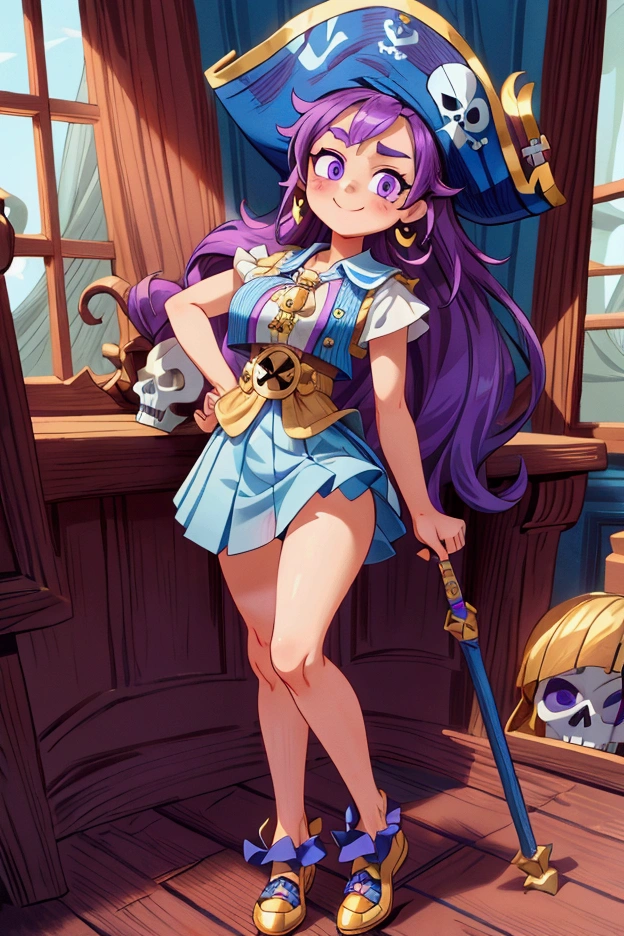 ( masterpiece ,  The best quality) Standing, interior,  intricate details , Sunlight,  dress with sky blue and white striped ruffles short collar,  pirate vest , pirate style, skull emblem ,  cute pirate hat, gold earrings, shoes blue , violet long hair,  purple eyes, smile, bad girl,  slightly raised eyebrows , pose sexy, coquette, lovely legs,  mature teenager's body, beautiful, , pronounced big breasts, smile.