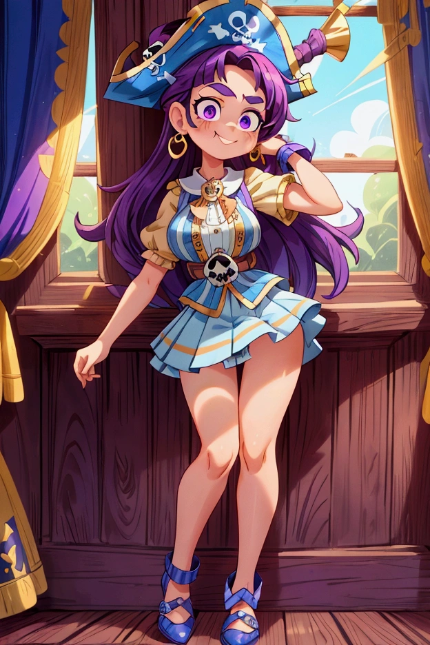 ( masterpiece ,  The best quality) Standing, interior,  intricate details , Sunlight,  dress with sky blue and white striped ruffles short collar,  pirate vest , pirate style, skull emblem ,  cute pirate hat, gold earrings, shoes blue , violet long hair,  purple eyes, smile, bad girl,  slightly raised eyebrows , pose sexy, coquette, lovely legs,  mature teenager's body, beautiful, , pronounced big breasts, smile.