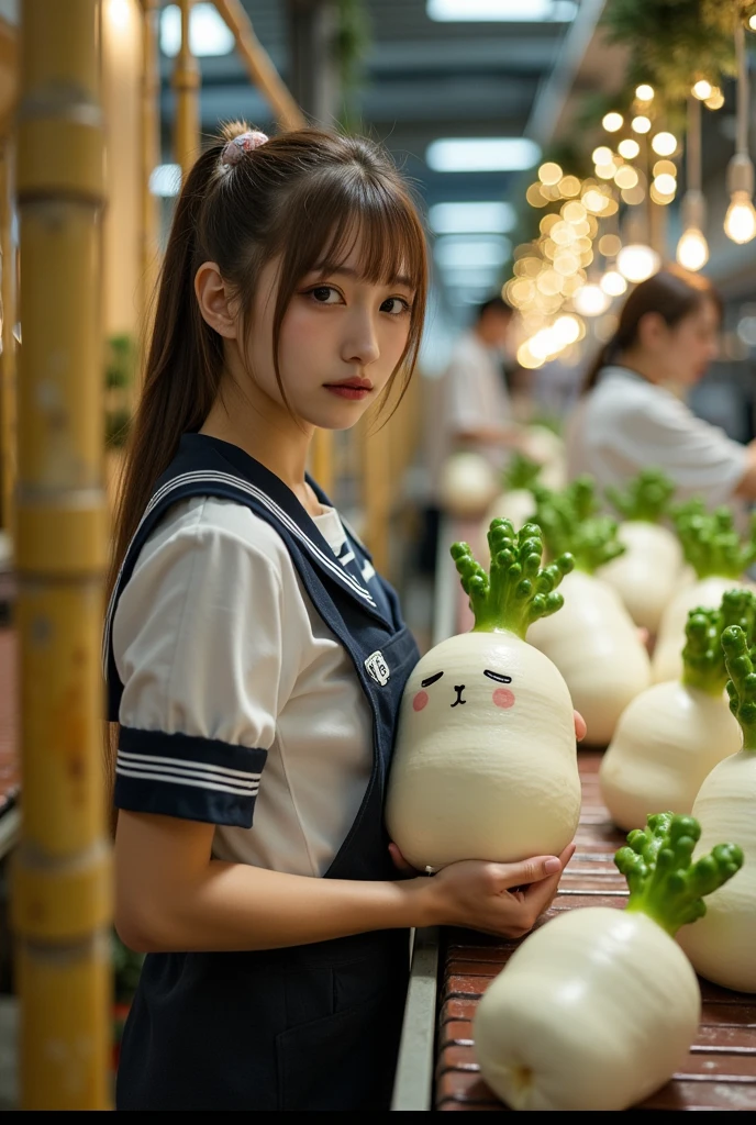 ultra-realistic, photorealistic, dramatic scene, shadow, global-illumination, solo, very beautiful Japanese woman, she is high school student, she works part-time at the factory, very beautiful with very cute but boyish cool face, wearing high school sailor uniform, she is working at the daikon radish figure factory, She is holding a realistic daikon shaped digital clock that is being carried on a conveyor belt, Many identical clocks are being carried on a conveyor belt in an orderly fashion, the cute clock that she is holding is 1 daikon\(white porcelain, digital clock, intricated detailing, antique, elegant, daikon radish shaped clock, Meissen, Cibulak, Glossy and smooth surface, large, very cute, smile, chubby, full body\), the factory is gorgeously decorated with bamboo and festive Christmas illuminations, shoot from side