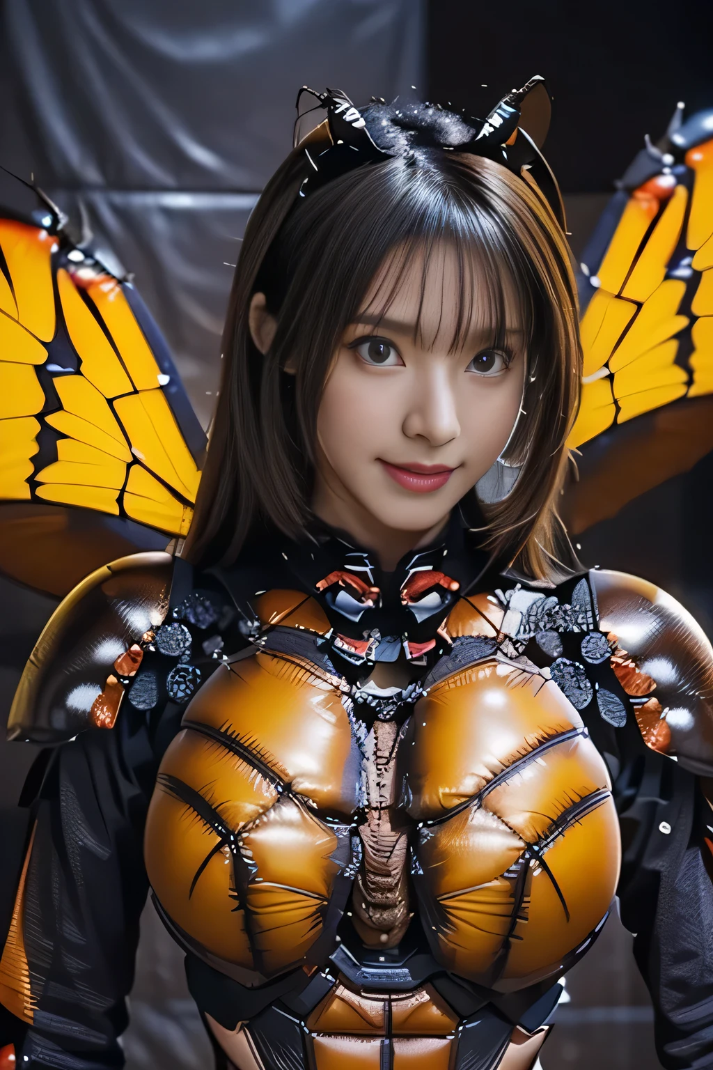 (high resolution,masterpiece,best quality,extremely detailed CG, anime, official art:1.4), realistic, photo, amazing fine details, all intricate, gloss and shiny,awesome many layers, 8k wall paper, 3d, sketch, kawaii, illustration,( solo:1.4), perfect female proportion,villainess, (fusion of dark brown cockroach and lady:1.4), (brown cockroach form lady:1.2), (brown cockroach lady:1.2), (fusion:1.2), (solo:1.4), (evil smile:1.2), muscular, abs, (cockroach brown exoskeleton bio insect suit:1.4), (cockroach brown exoskeleton bio insect armor:1.2), (brown transparency cockroach wing:1.4), (brown cockroach antennae:1.3),