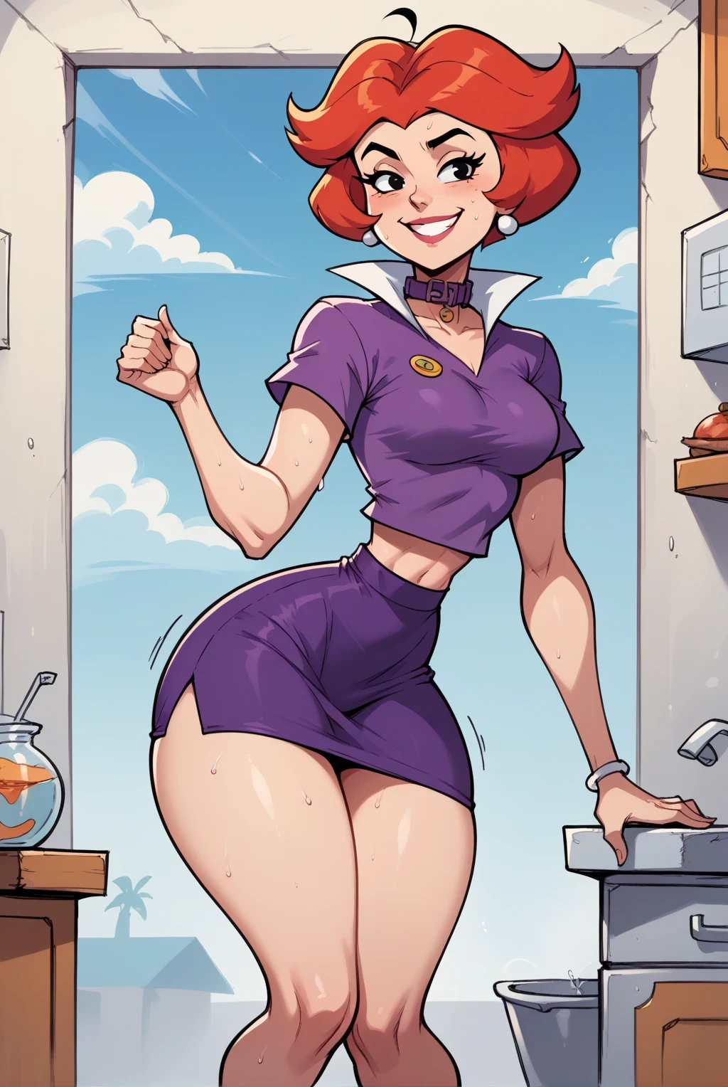 , Jane Jetson (Jetsons),smile, light skin,   short red bob hair , collar, purple one shoulder shirt and very short white mini skirt, medium breasts, dynamic pose,     wide hips  ,   thick thighs  ,    looking at the spectator ,  smile,Alone,  Show your knees , groin,  Anatomically Correct,  best quality ,  sweat drops , Jetsons' Kitchen,futurist,  golden ratio ,