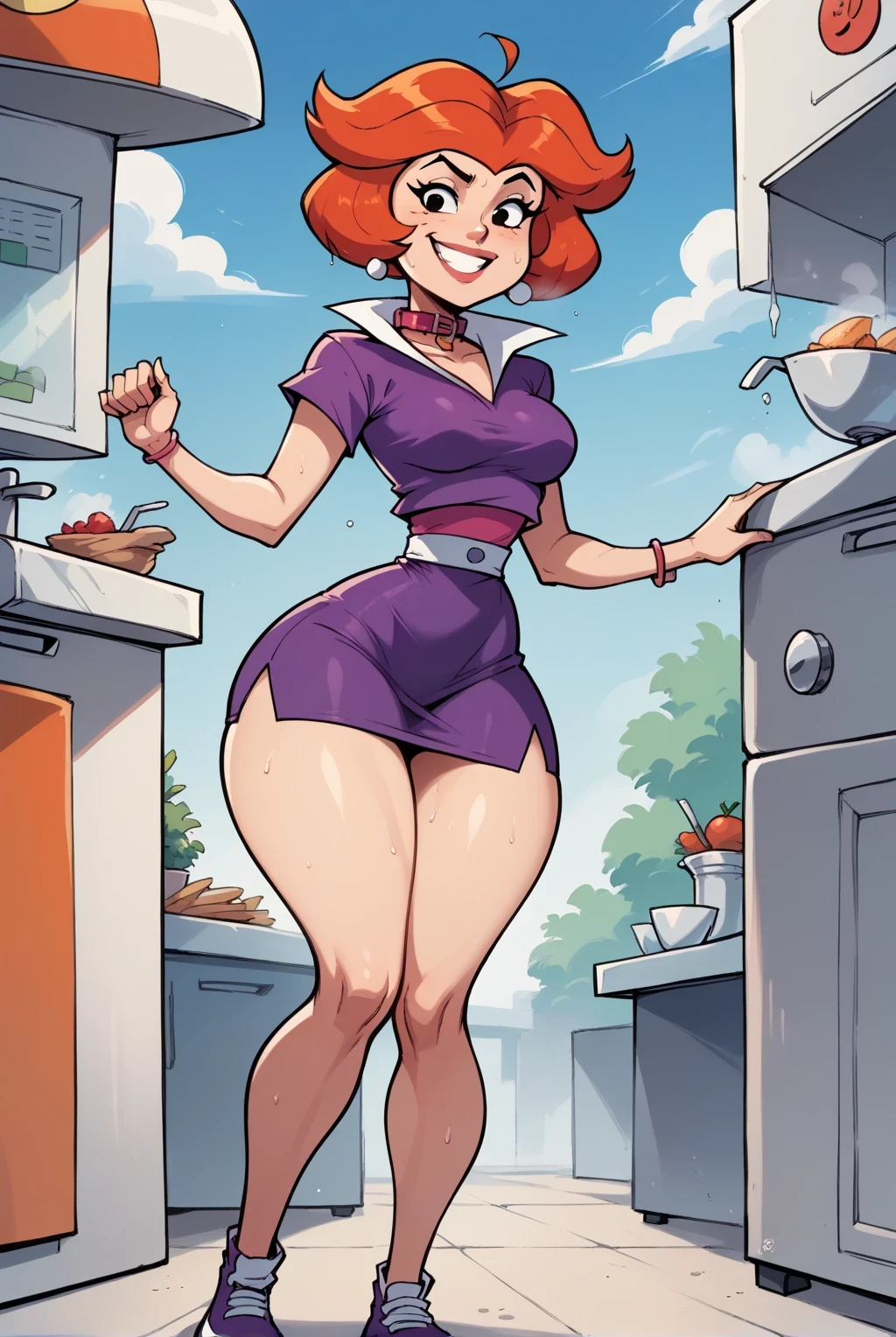 , Jane Jetson (Jetsons),smile, light skin,   short red bob hair , collar, purple one shoulder shirt and very short white mini skirt, medium breasts, dynamic pose,     wide hips  ,   thick thighs  ,    looking at the spectator ,  smile,Alone,  Show your knees , groin,  Anatomically Correct,  best quality ,  sweat drops , Jetsons' Kitchen,futurist,  golden ratio ,