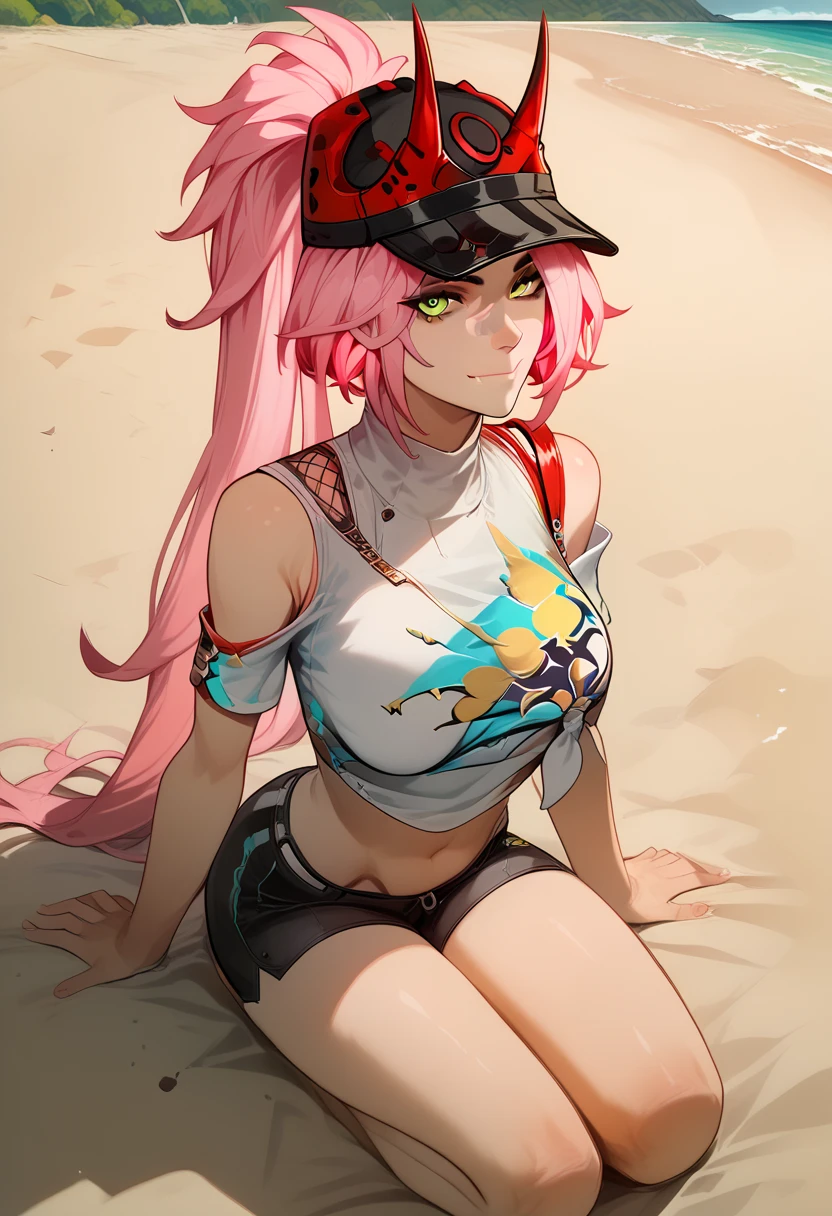 rappa_hsr, pink hair, ponytail, long hair, green eyes, hat, baseball cap, fake horns, perfecteyes, detailed face, hourglass body, ponytail, yellow eyes, smile, , bangs, breasts, simple background, fang, bare shoulders, scar, bare shoulders, closed mouth, hair over one eye, portrait, hair over shoulder, legs, seductive, black shorts, white t-shirt, beach, beach, realistic, highly detailed face, detailed eyes, best quality, masterpiece, ultra detail, ultra high res, extreme detail, 8k, uhd, voluptuous, curvy, thick thighs, frontal, full body