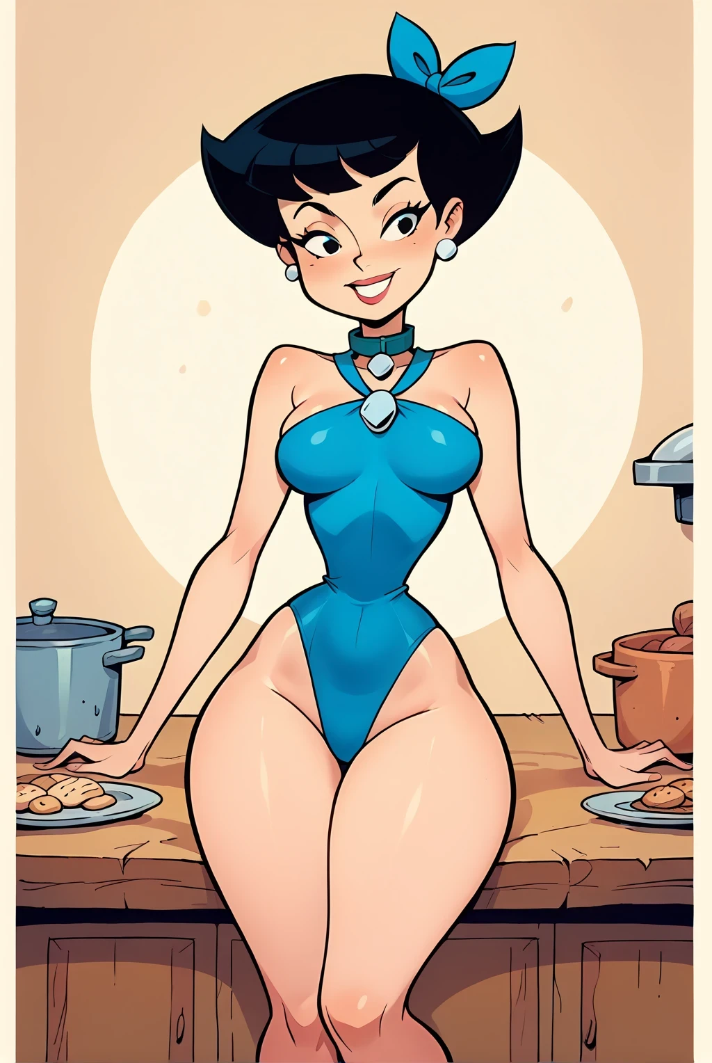 Betty Rubble (Flintstone),smile, light skin,  short black hair,  blue ribbon in hair , collar, wearing tiny blue swimsuit  ,  medium breasts, (lean your body forward )), narrow waist,  wide hips ,  thick thighs ,  looking at the spectator, smile,Alone.,colorful, legs open seated at a kitchen table, perfect anatomy,perfect pose