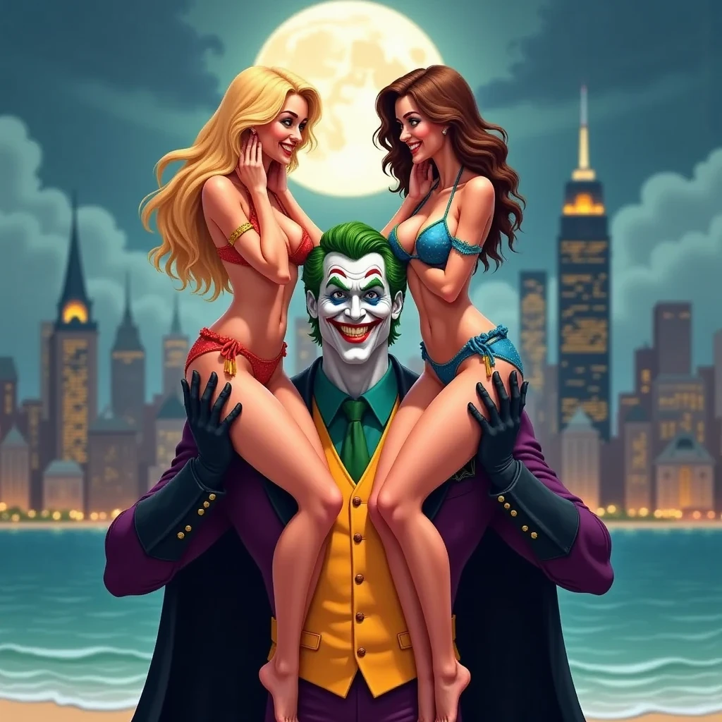  Two beautiful girls in bikinis  ( blonde and brunette)  - sitting on Joker's shoulders , Joker - smiles -  ( in the background - Gotham city in blur - moon in the sky - dark clouds - night)
