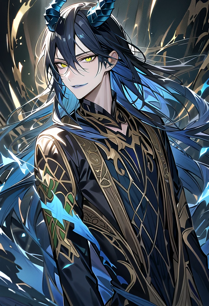 ( debris flies), ( top quality ),  very detailed, ((二人のmale)),  perfect face,  beautiful face,  very detailed face，( black haired man:1.3)，( blue haired man:1.3)，suit， shirt，smile，flower, (1st maleの子, Idia Shroud , Beautiful Boy, maleの子, male, extremely  long hair,  blue hair,  Blue Fire Hair ,  wave hair,  yellow eyes,  tired expression, Blue Lips,  handsome,  skinny, , Blue Glow,  shark tooth ,) (2nd maleの子,  Maleus Draconia  \( Twisted Wonderland\) horn, Beautiful Boy, maleの子, male,  long hair,  black hair, Yellow-green eyes, smile, Grey lips,  handsome,  skinny,  tall , Yellow-green glow,) 