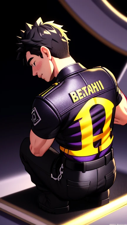 3D caricature of a boy, key chain in the palm of the hand. high quality realistic photo, and there is the name "BETHINHO" in 3D letter style, embossed and realistic, in black yellow, inknium purple and white, back soft light and outer glow, realistic photo