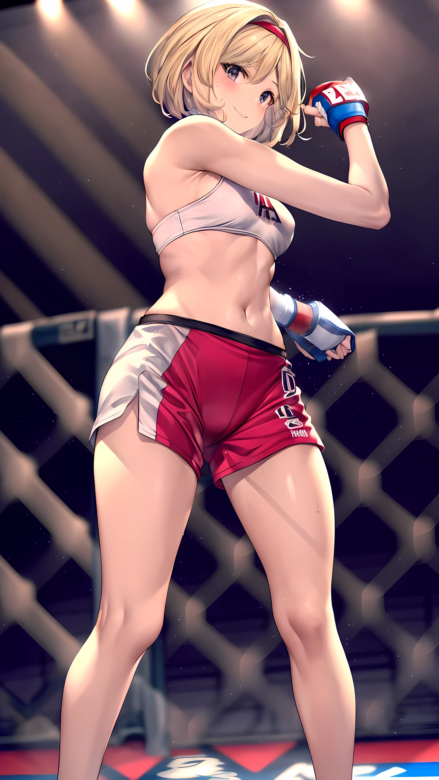 djeeta_(granblue_fantasy), Detailed eyes,(wearing sports wear:1.5, bare thigh), Her slim legs are really cute.,Very beautiful long legs, Perfect body,(Independent),(on MMA Arena :1.5),smiling, Toned body,Ultra HD,Detailed eyes,Detailed face,full body shot, looking at viewer,(from behind below),sweaty,long legs,twisting the waist,depth of field,