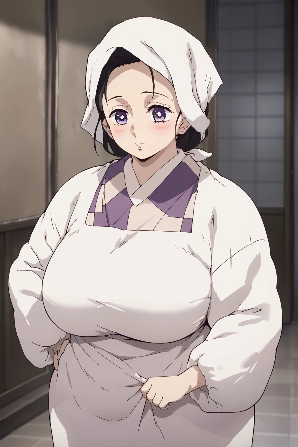  Kamado Aoie , Kamado Kie ,  mature woman, One Woman ,Alone,  purple eyes , black hair, mall under mouth , head scarf ,kimono,Japanese clothing, apron,Kappo, score_9,   score_8_up,   score_7_up,   score_6_up,   score_5_up,   score_4_up,     masterpiece   ,   top quality,     very aesthetic  ,    absurd,    source_Anime, Anime screencap,    one woman , Alone,   personal   ,  Super huge breasts, ((( super huge clevis, Super huge , Super huge boob))), Curvy,   chubby ,  Mature Woman,  chubby, ssbbw,   obese ,blush,  troubled expression、 sloppy stomach、Three-section abdomen、Plump belly、I'm worried about belly fat 、 face forward