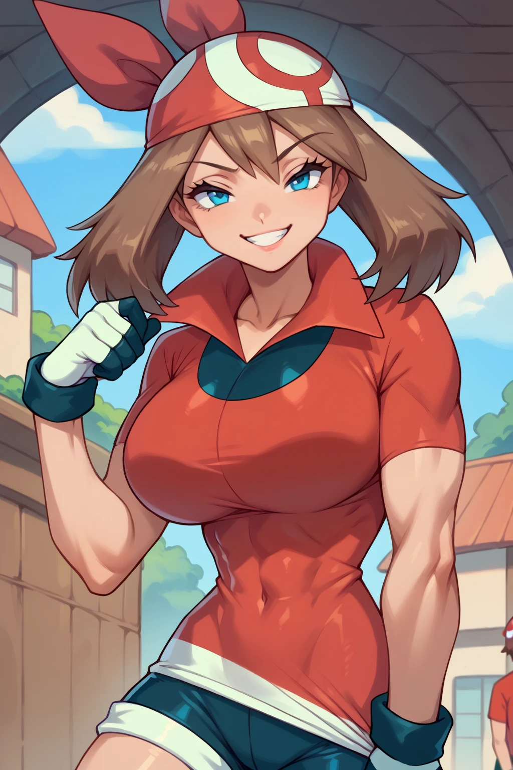 score_9, score_8_up, score_7_up, score_6_up, BREAK, zzMay, blue eyes, brown hair, short hair, red bandana, red shirt, short sleeves, gloves, black shorts, torso, smug smile, gigantic bust, toned, strong, bimbo body, 