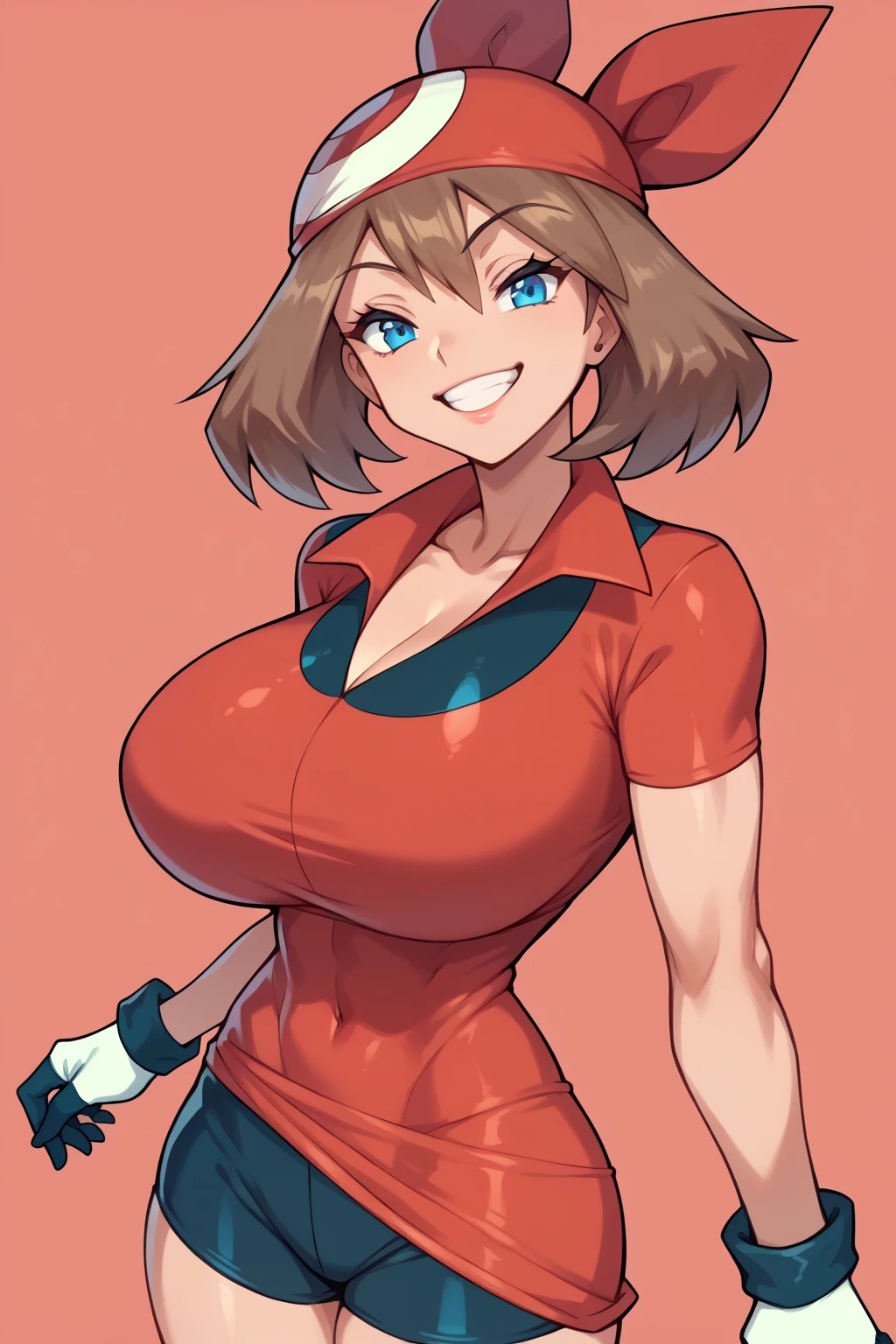 score_9, score_8_up, score_7_up, score_6_up, BREAK, zzMay, blue eyes, brown hair, short hair, red bandana, red shirt, short sleeves, gloves, black shorts, torso, smug smile, gigantic bust, toned, strong, bimbo body, 