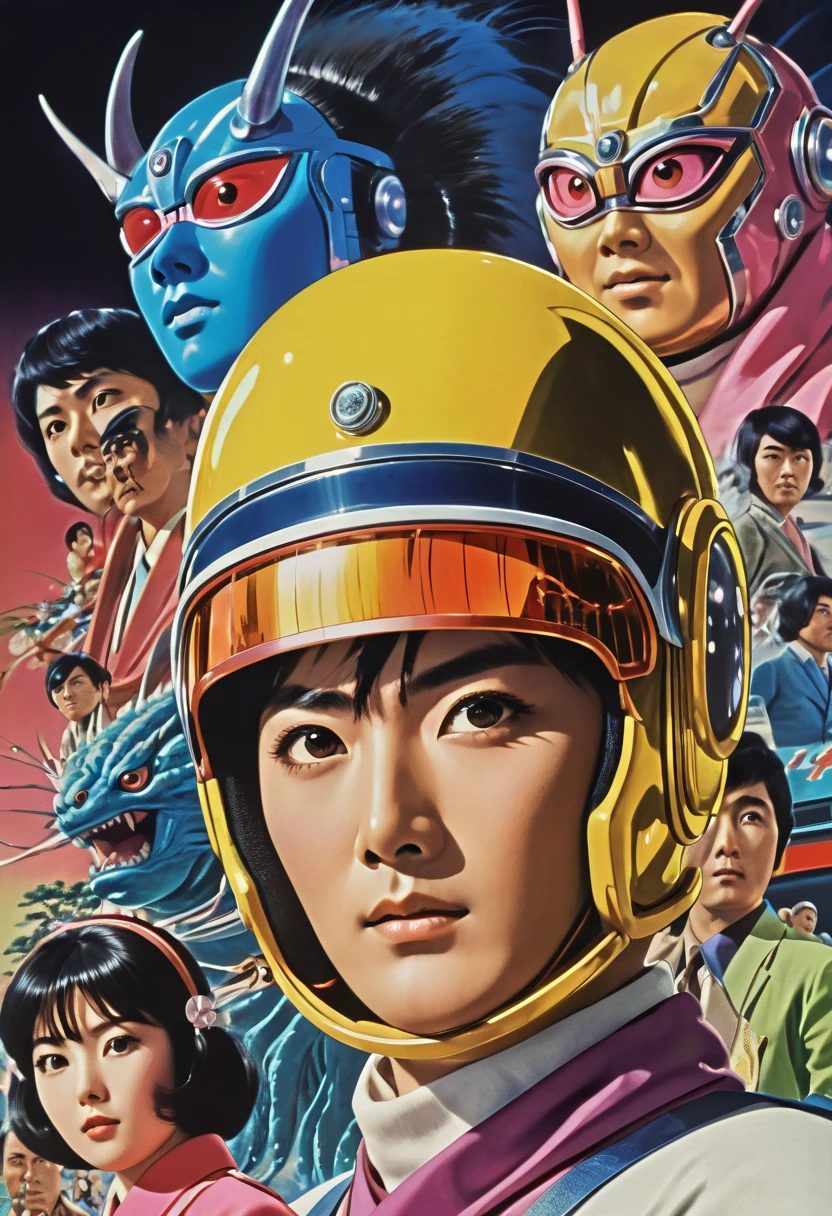  Manga characters,    1970's comic art   ,    1970's Japanese TV    show monster, detailed    Digital Paint,    bright color,    dynamic composition   , Dramatic lighting,    vintage aesthetics      , ( top quality,4K,8k,     high definition   ,masterpiece:1.2),  {{more}} ,(   realistic   ,photo   realistic   ,photo-   realistic   :1.37),   Extremely Detailed Eyes and Faces  ,   has long eyelashes,  Beautifully Drawn   ,   dynamic composition   ,Dramatic lighting,   bright color,   retro anime style poster 、  retro futuristic   ,1960s anime   ,   1970's Japanese TV   ,  Tsuburaya Productions ,   ninja   ,  SFX transformation hero  , Manga art,   Digital Paint