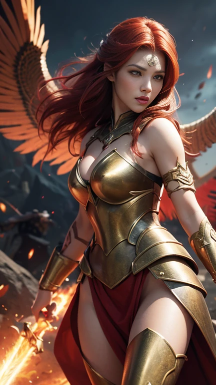8K, Ultra High Definition, Super detailed, Shiny detailed hair, detailed face, fantasy landscape, solo, looking at viewer, {{best quality}}, {{masterpiece}}, {{ultra-detailed}}, {detailed light}, ultra high quality eyes, detailed eyes, perfect eyes, large eyes, detailed yellow eyes, beautiful lips, red hair, long hair, armor, beautiful, skinny body, white skin, slutty, erotic, suggestive, ((nsfw))