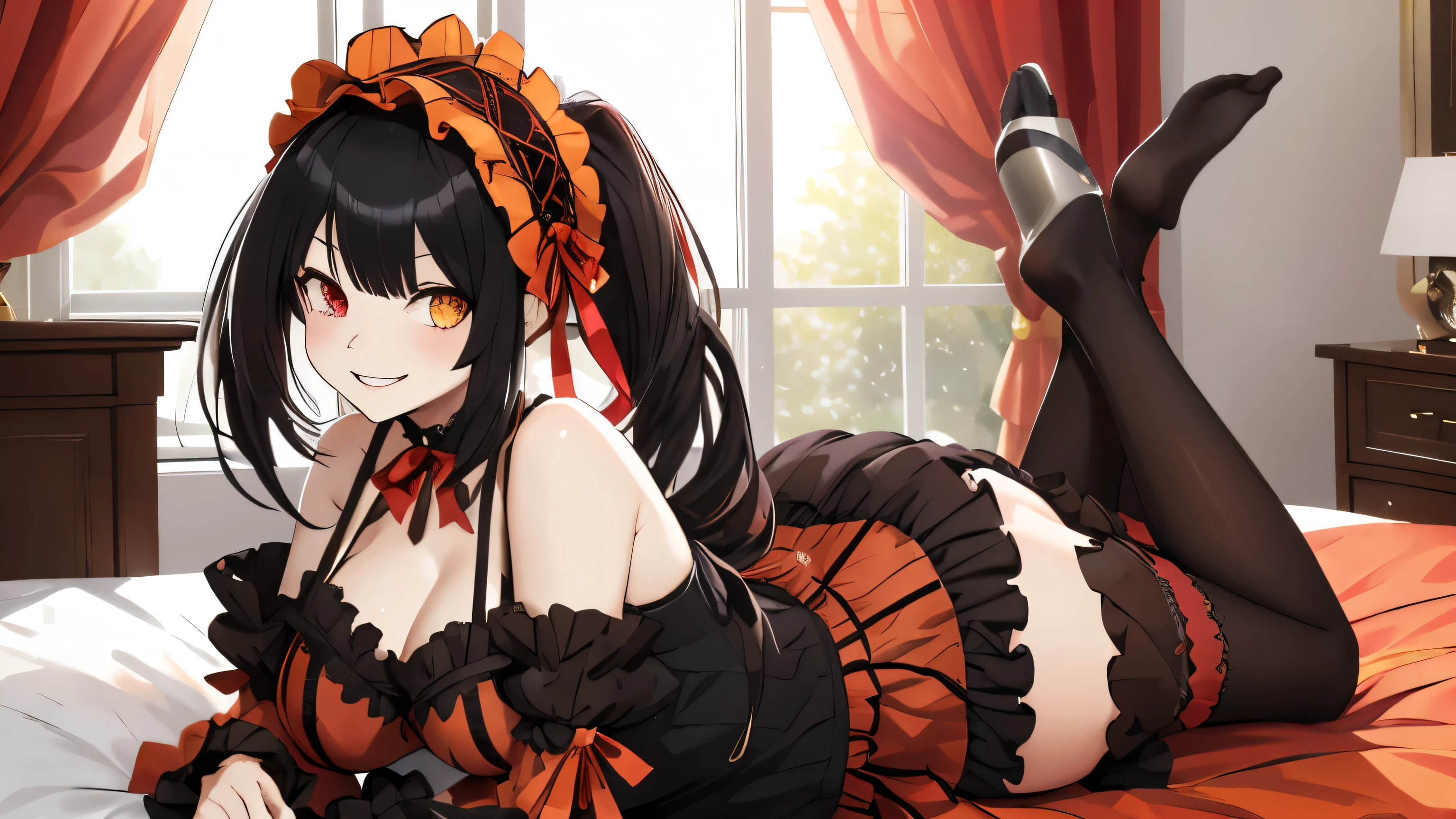 main part , highest quality, maximum, 1girl, vacuum cleaner, long hair, Double tails , hairband, Heterochromia, medium chest , Stratification, black boa , red ribbon , naked shoulders , lo gothic , red dress, red bow, selected manga , red skirt, segurando hand, hand, in the house, lies on the bed, Smile , big boobs, big ass , shows his ass to the viewer, Evil smile, teeth are visible.