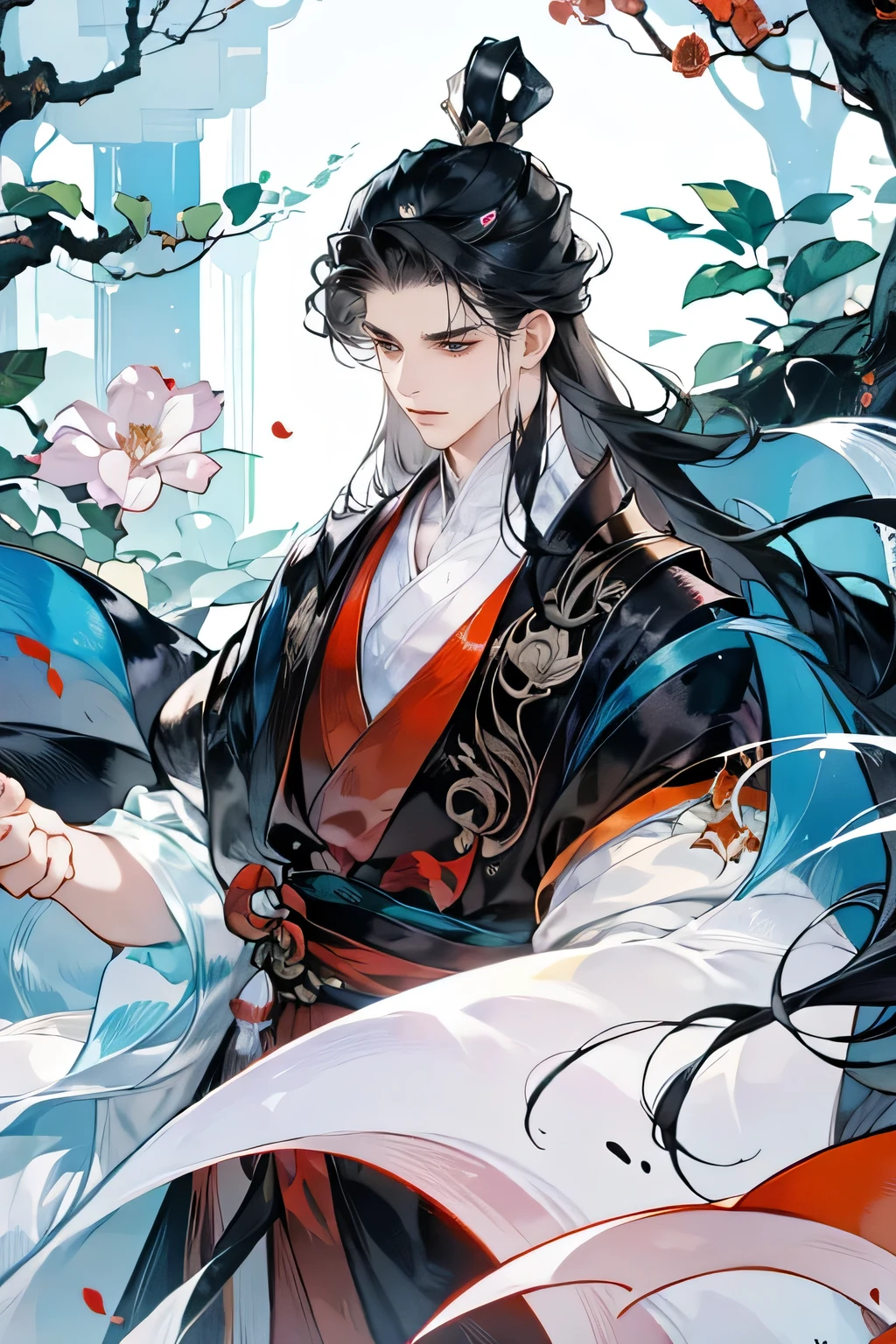 1boys，long black hair，Pale teenager，Dark clothes，（（（Rose blanche））），white  shirt，The screen contrast is low，High brightness，Long white hair，Rose flower，bloods，Light blue leaves，softlighting，misterious ambience，Chinese landscape, En plein air, Flowers and trees, waterfallr,butterflys， Portrait, color difference, Depth of field, dramatic shadow, Ray tracing, Best quality, Cinematic lighting, Extremely detailed CG, 8K wallpaper,，