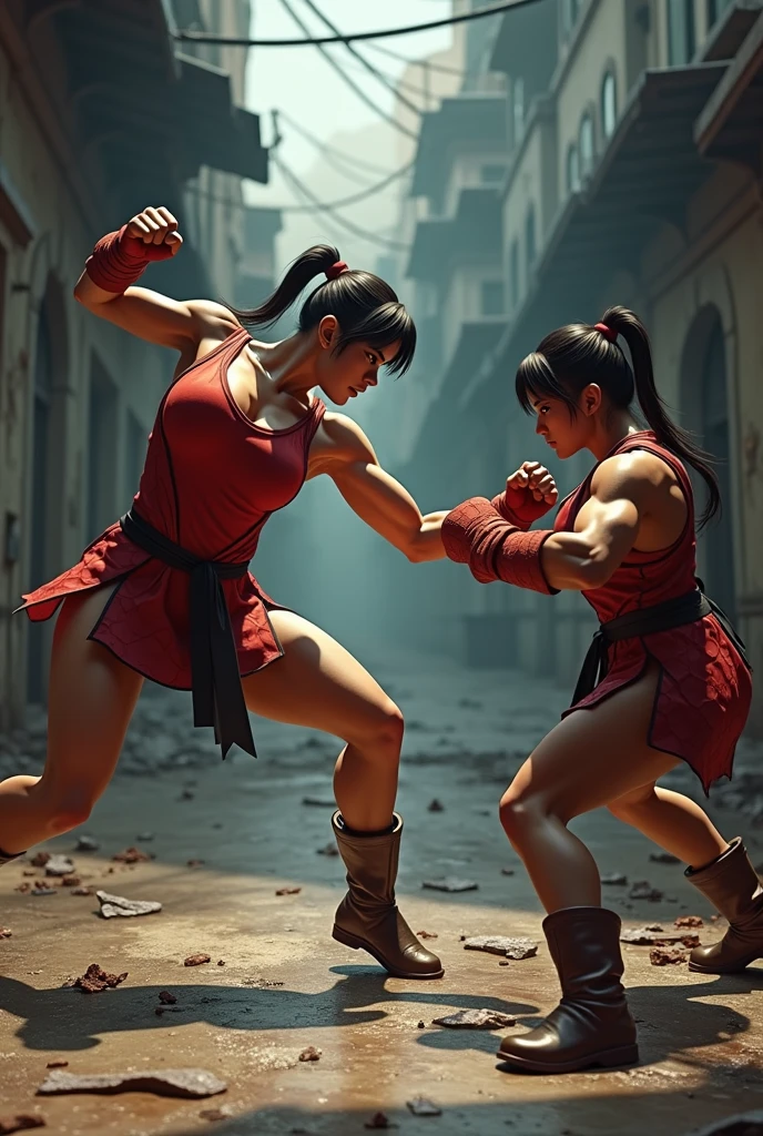 (SFW:1), masterpiece, 8k, best quality, highly detailed, Taki standing in a japanese dojo, fight pose, menacing stare, ready for fight, (full body:1.4), black hair, soul calibur