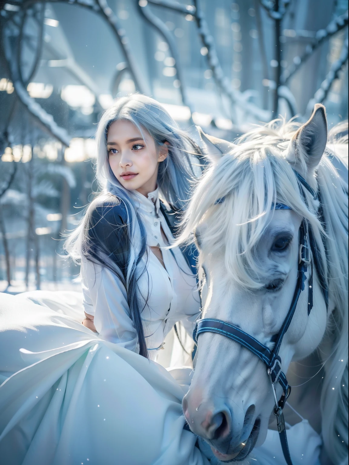 beautiful, young woman, in the crystal and ice area, fluttering snow, horse riding, a white hourse, gradient hair, white hair, blue hair, long hair, eye reflection, disdain, ray tracing, reflection light, blurry, glowing light, depth of field, chiaroscuro, stereogram, zoom layer, cowboy shot, f/2.8, bokeh, masterpiece, best quality, high quality, HD